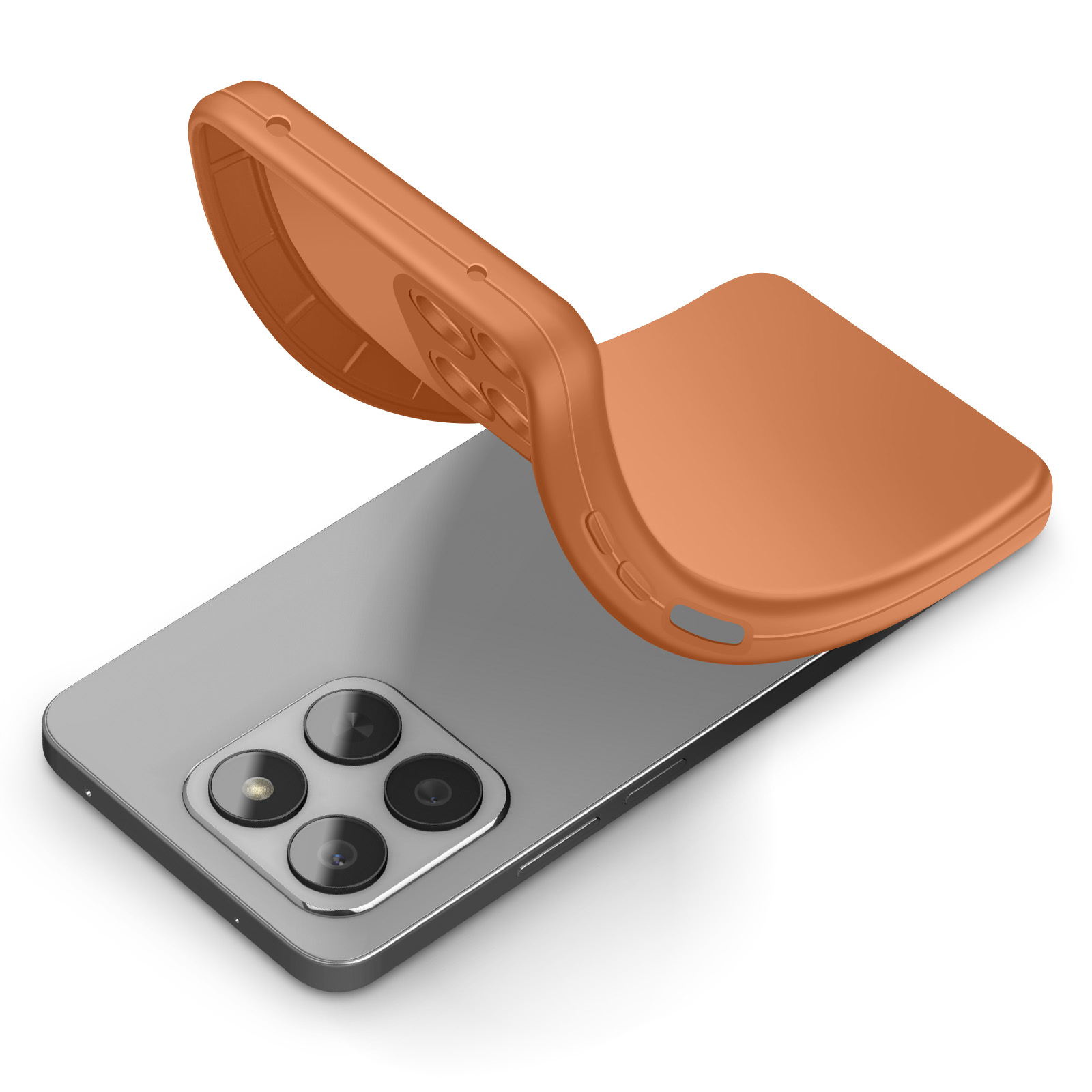Een oranje telefoonhoesje rust op een grijze telefoon met vier camera's.