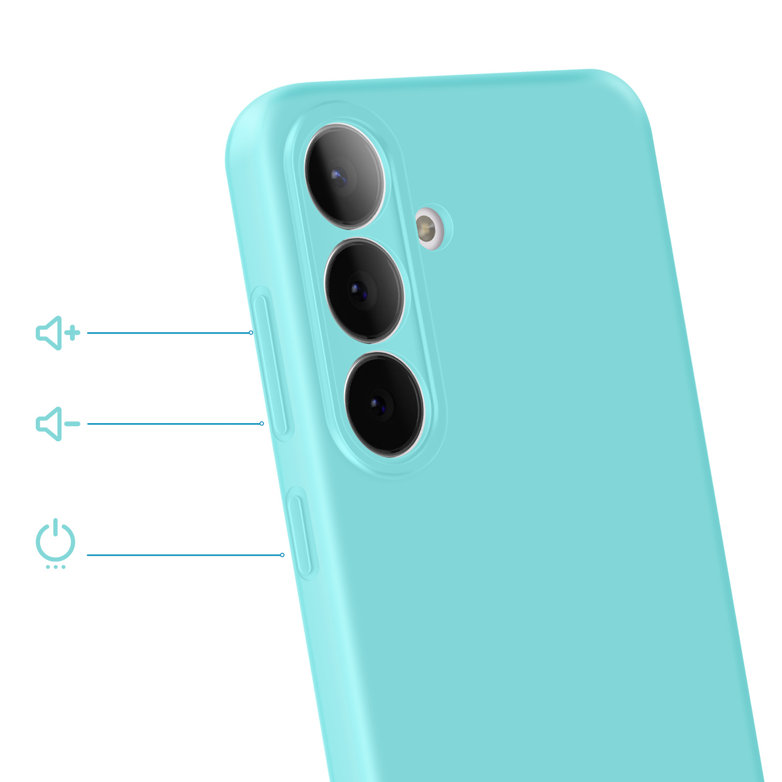 Turquoise telefoonhoes met drie cameralenzen en zijtoetsen.