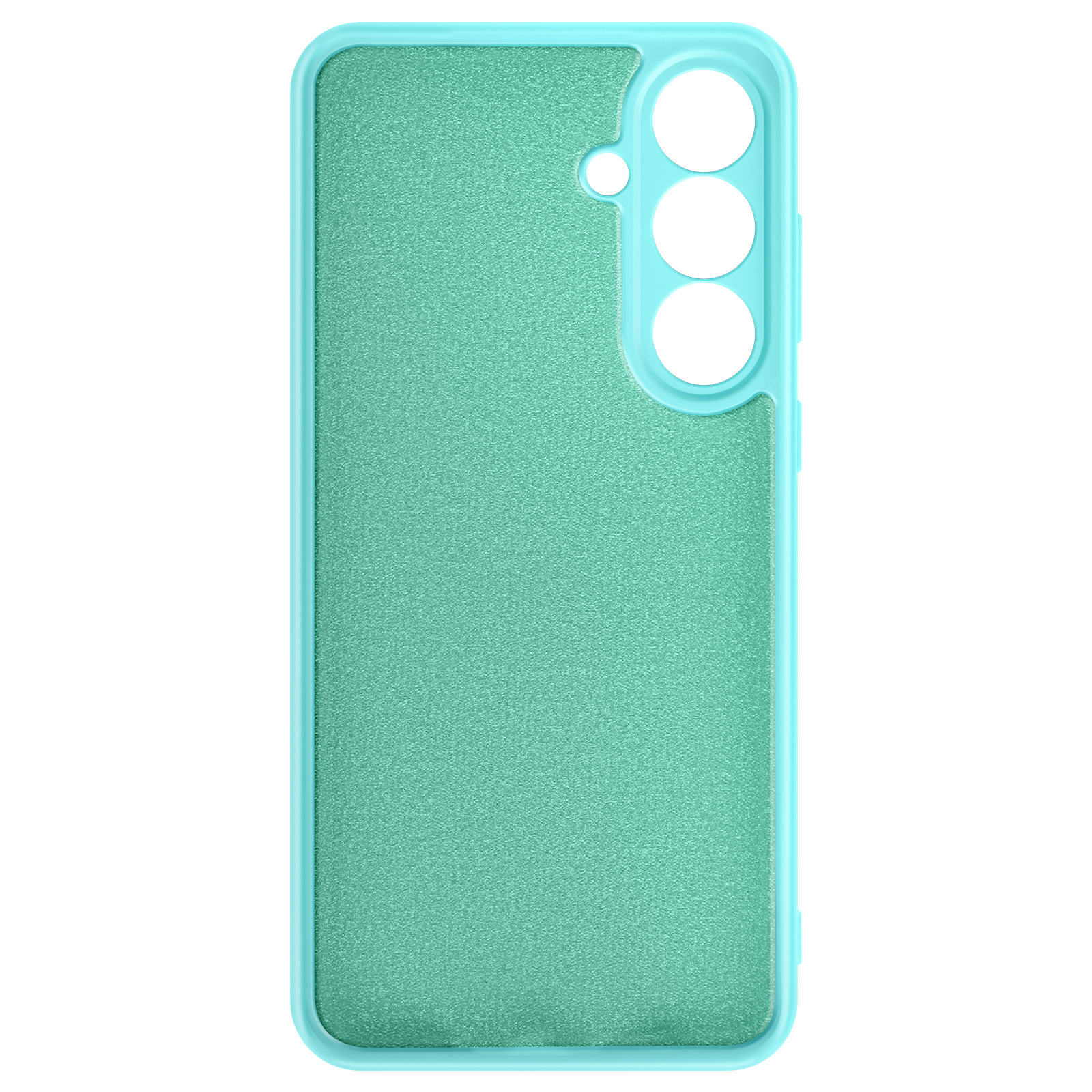 Turquoise telefoonhoesje met getextureerde achterkant en drie camera-uitsparingen.