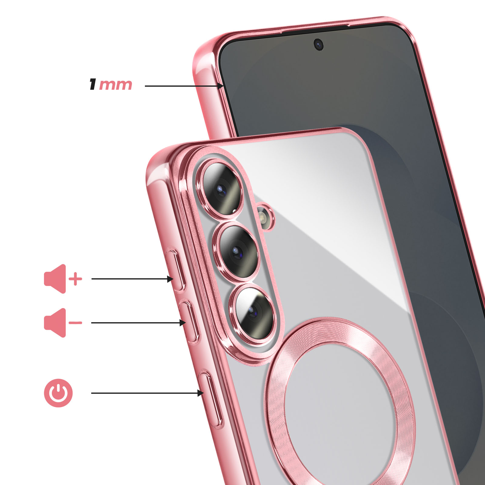 Un téléphone or rose avec coque transparente, montrant objectifs et boutons.