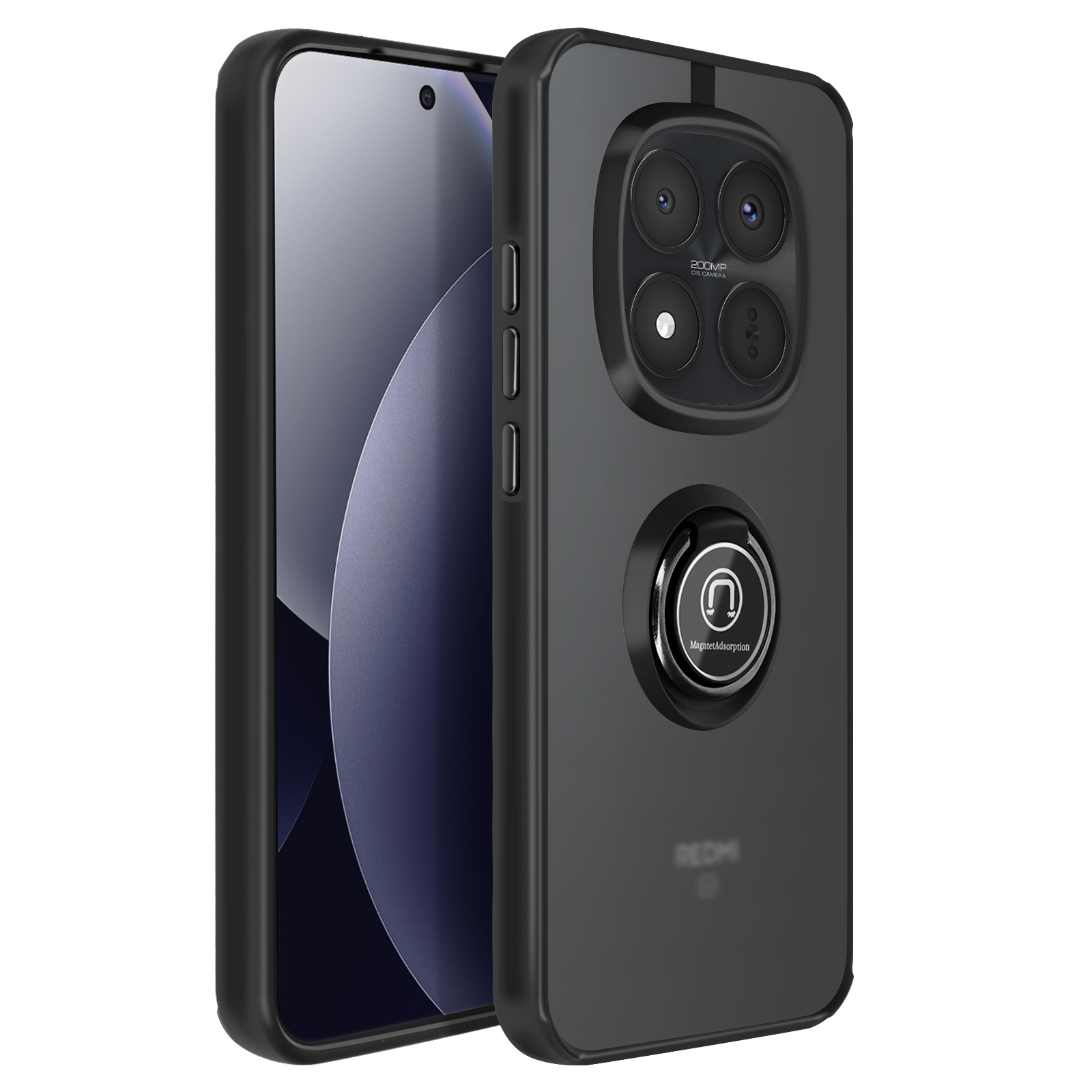 Zwarte telefoonhoes met ringhouder en quad camera, geïsoleerd op wit.