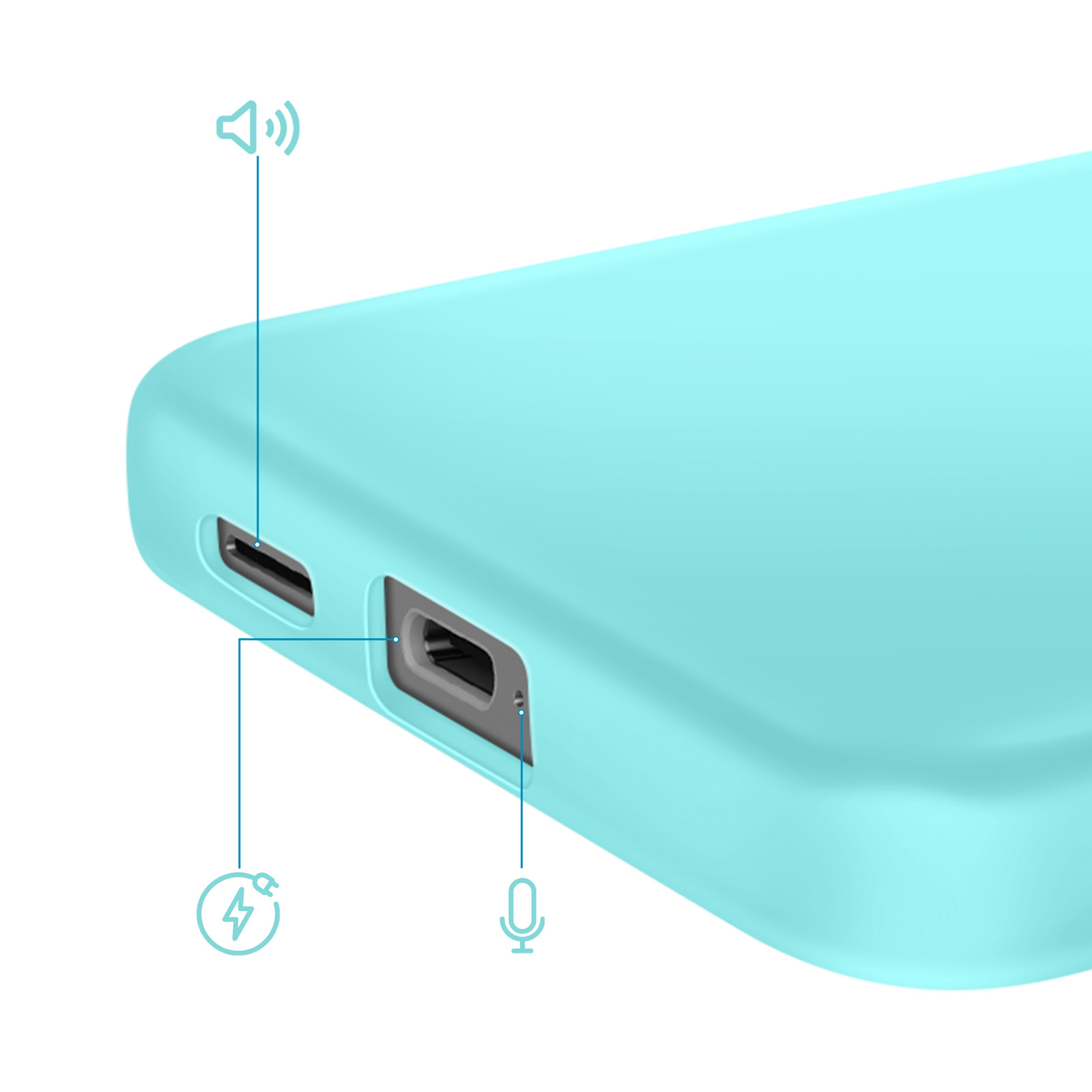 Turquoise telefoonhoesje met pictogrammen voor oplaadpoort, microfoon en luidspreker.