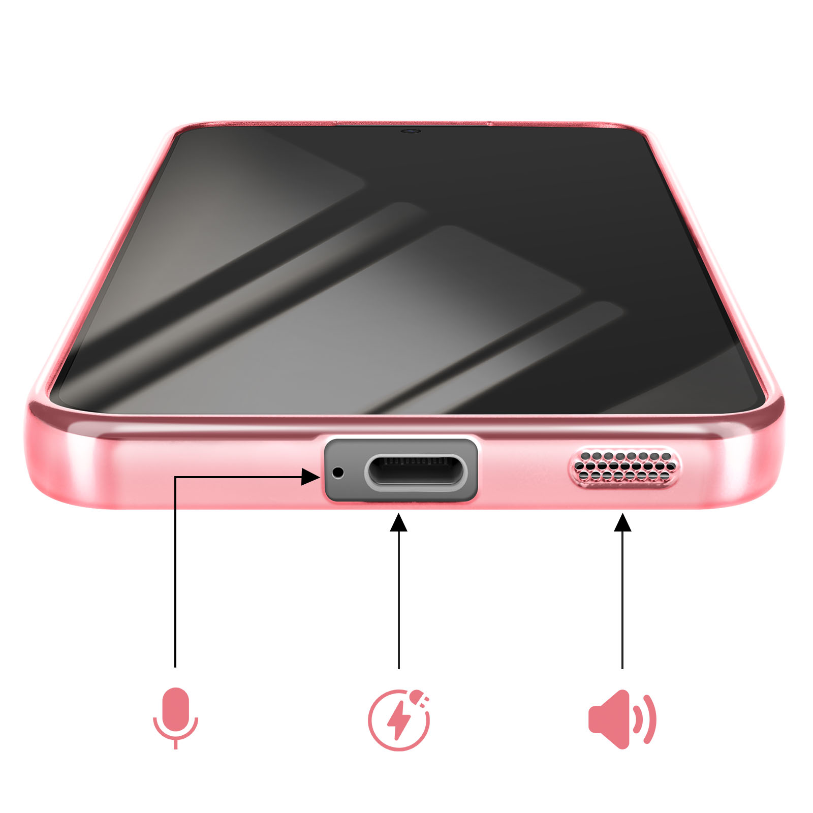 Une coque de téléphone rose montrant le port de chargement, le microphone et le haut-parleur.