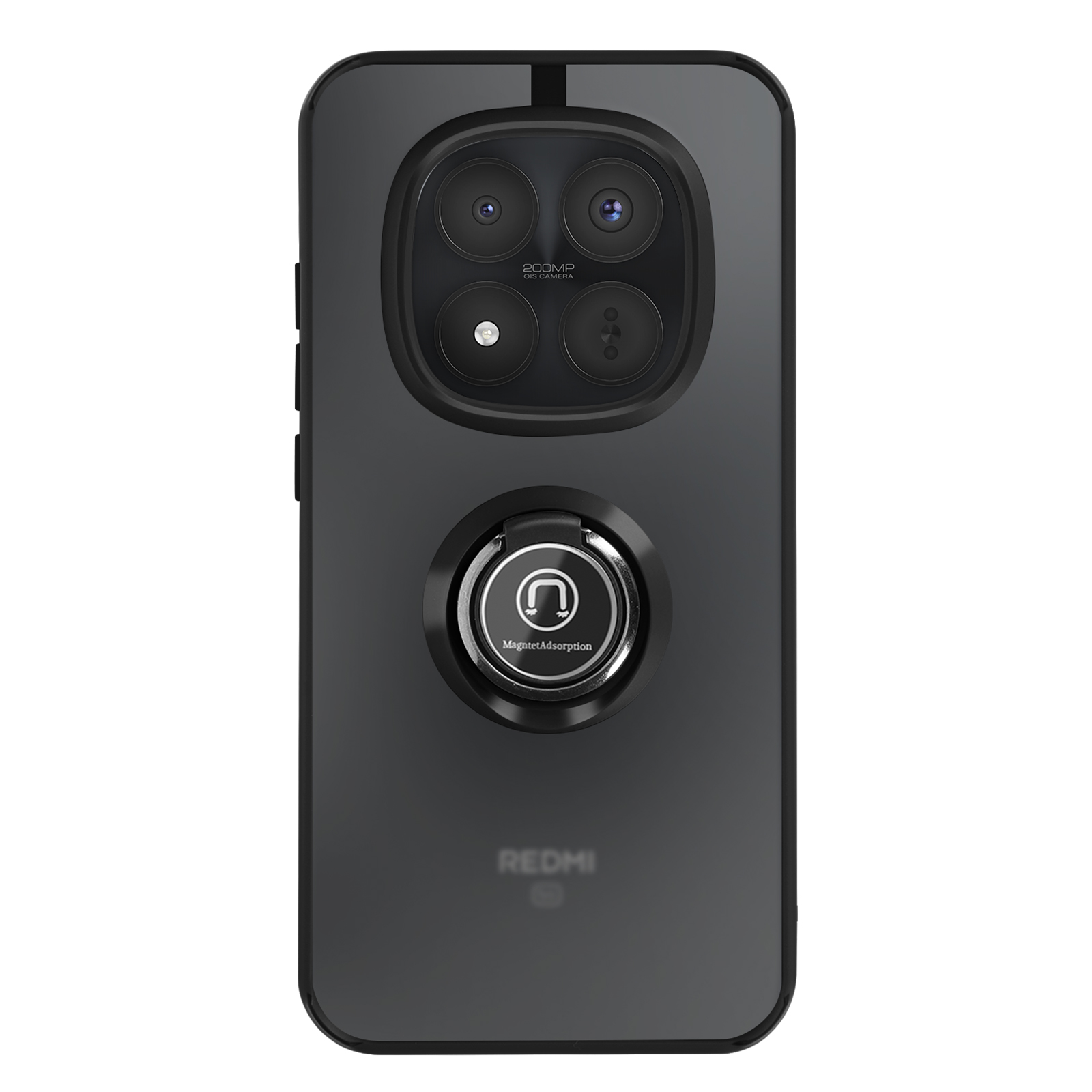 Donkergrijze smartphone met quad camera en ringhouder aan de achterkant.