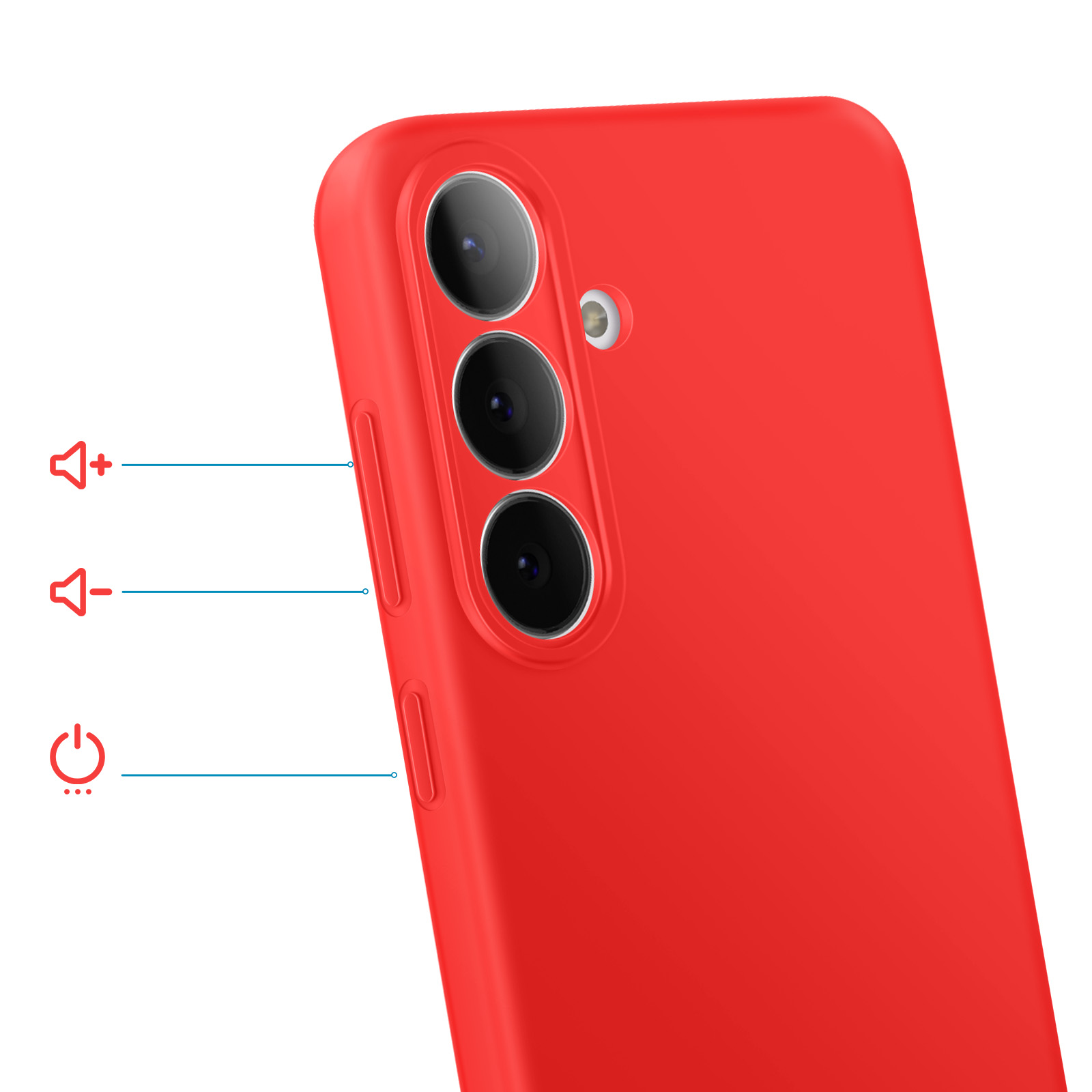 Rode telefoonhoes met drie cameralenzen en volume/aan-knoppen.