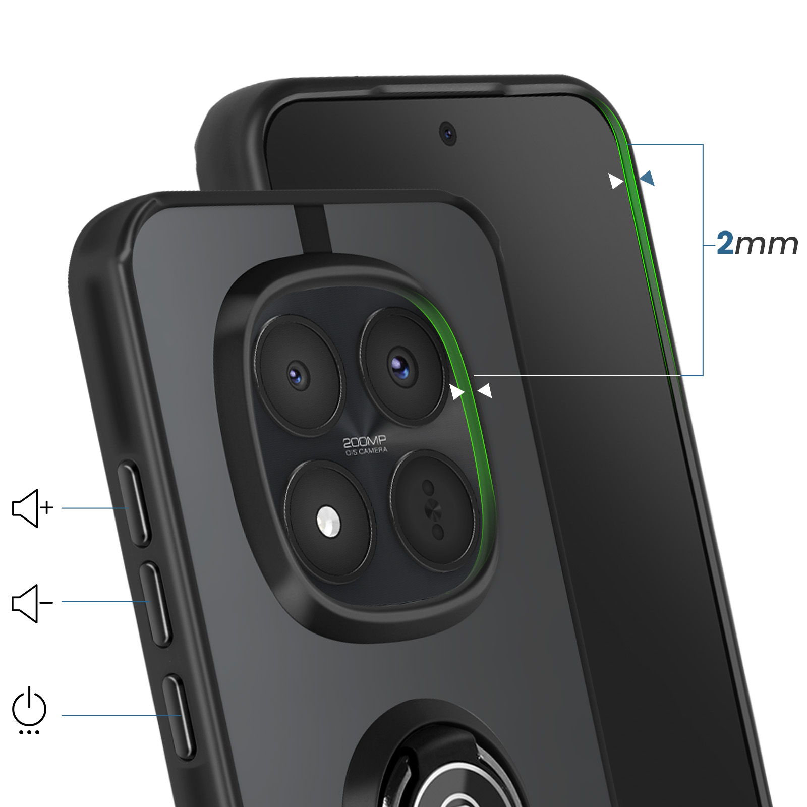 Zwarte telefoonhoes met 200MP camera en 2mm rand.