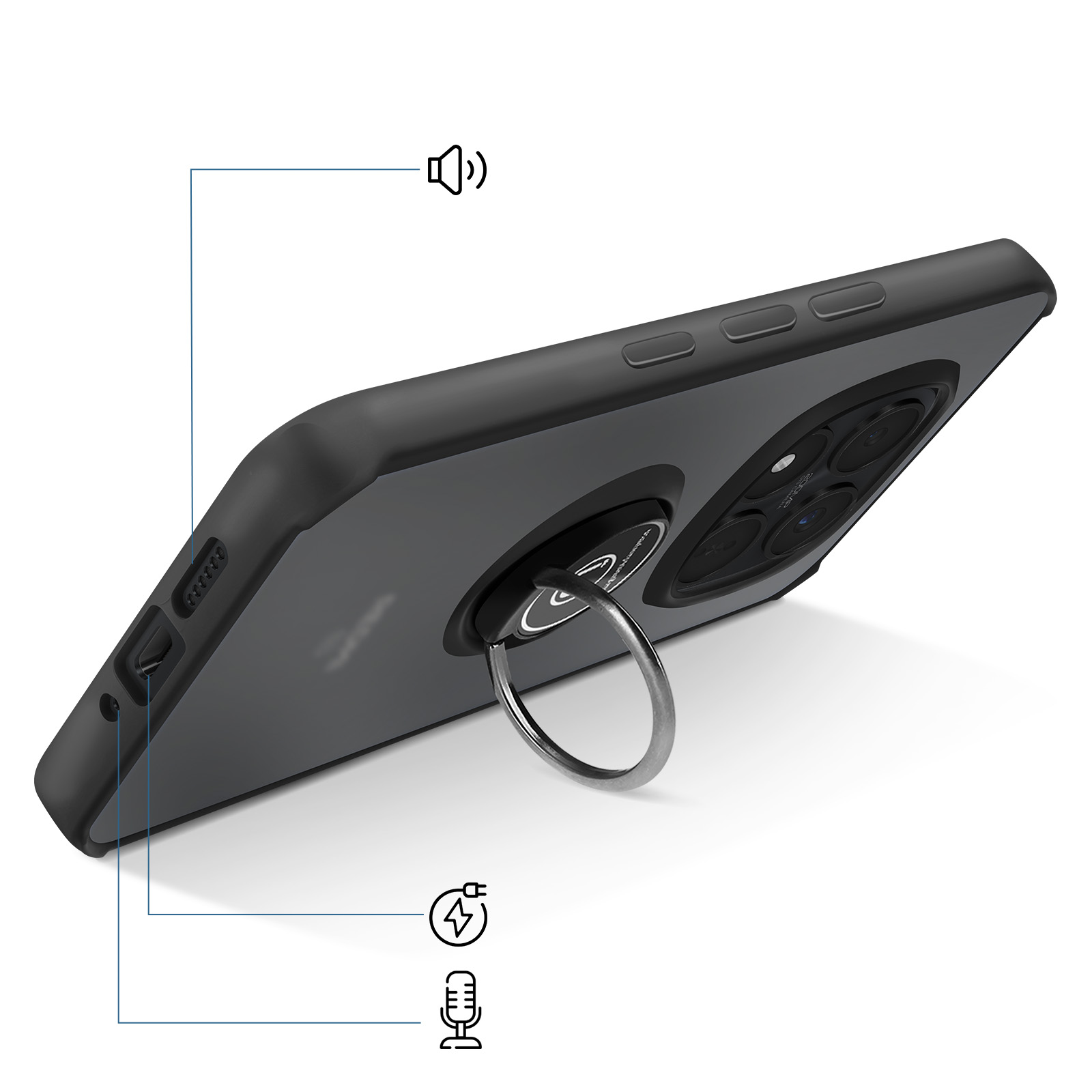 Donkere telefoon met ringhouder, luidspreker- en microfoonpictogrammen.