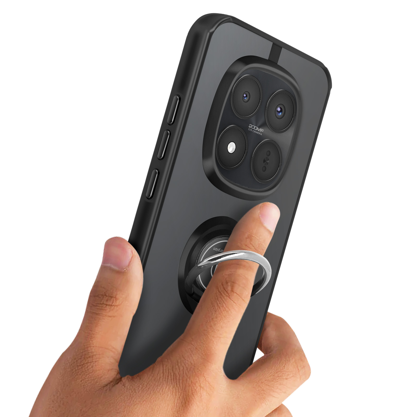 Een hand houdt een zwarte smartphone vast met een ringhouder op de achterkant.