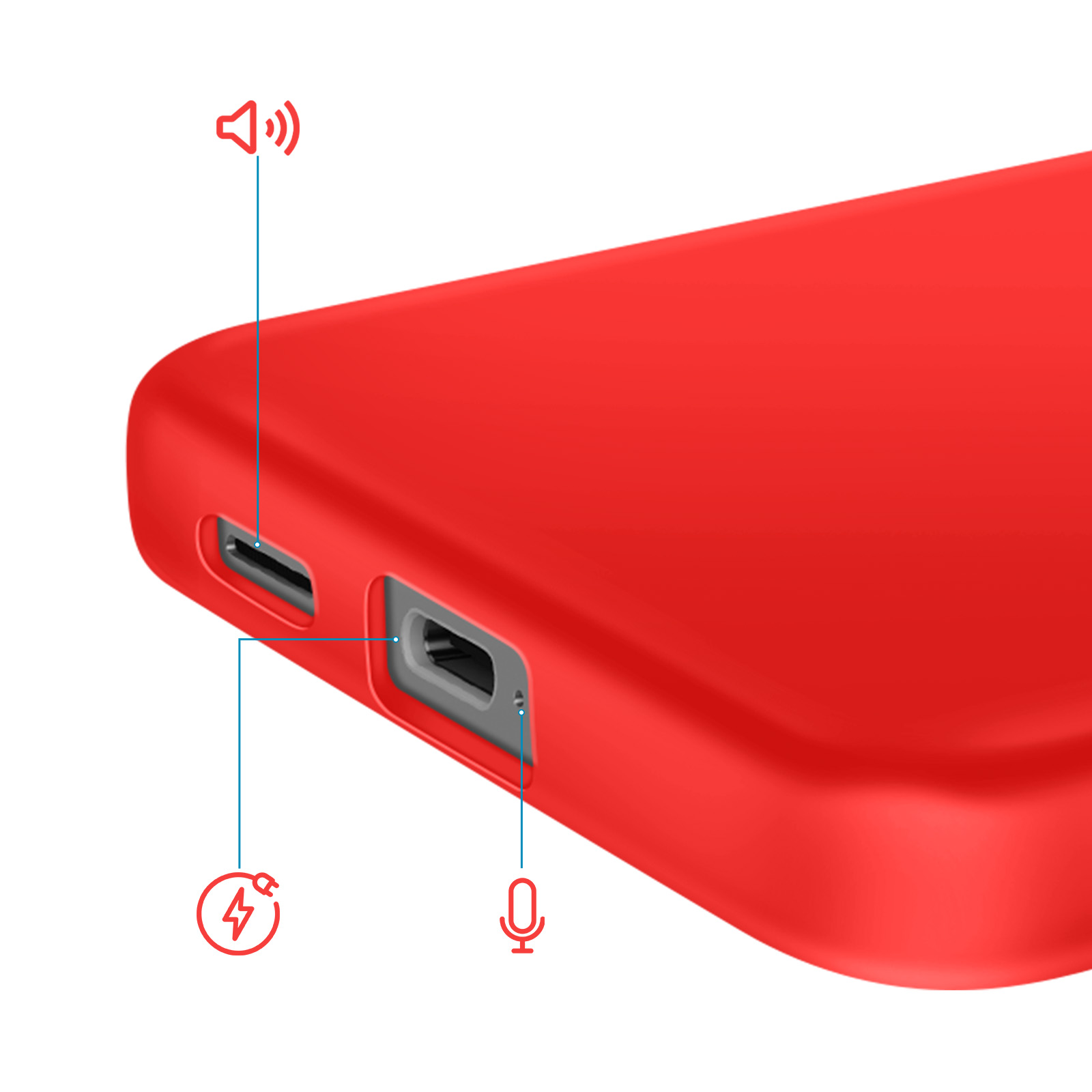 Rode hoes met poorten: luidspreker, opladen, microfoon iconen.