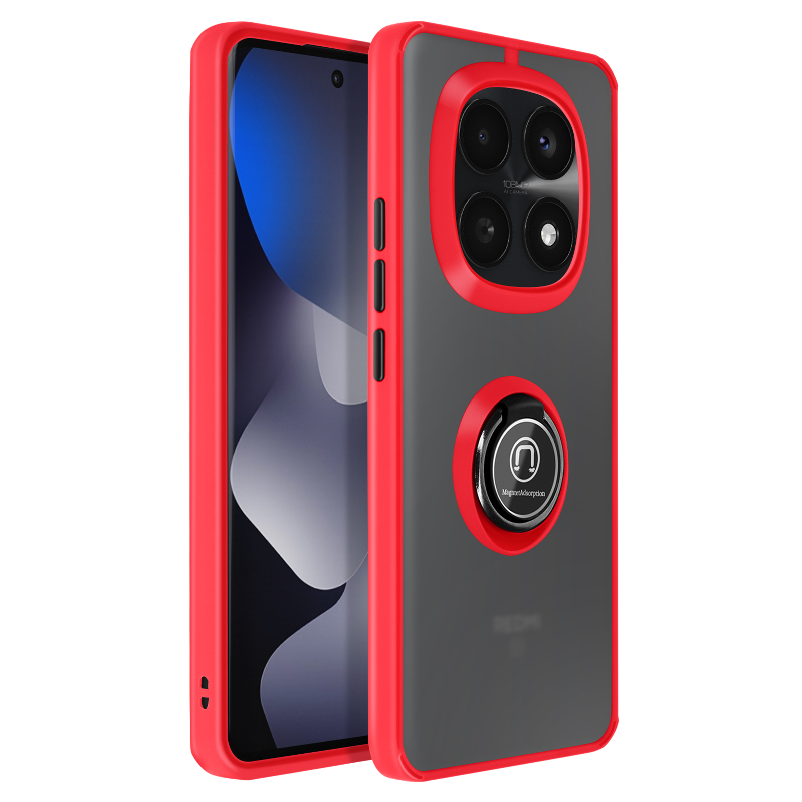Rode telefoonhoes met zwarte achterkant, camera en ringhouder.