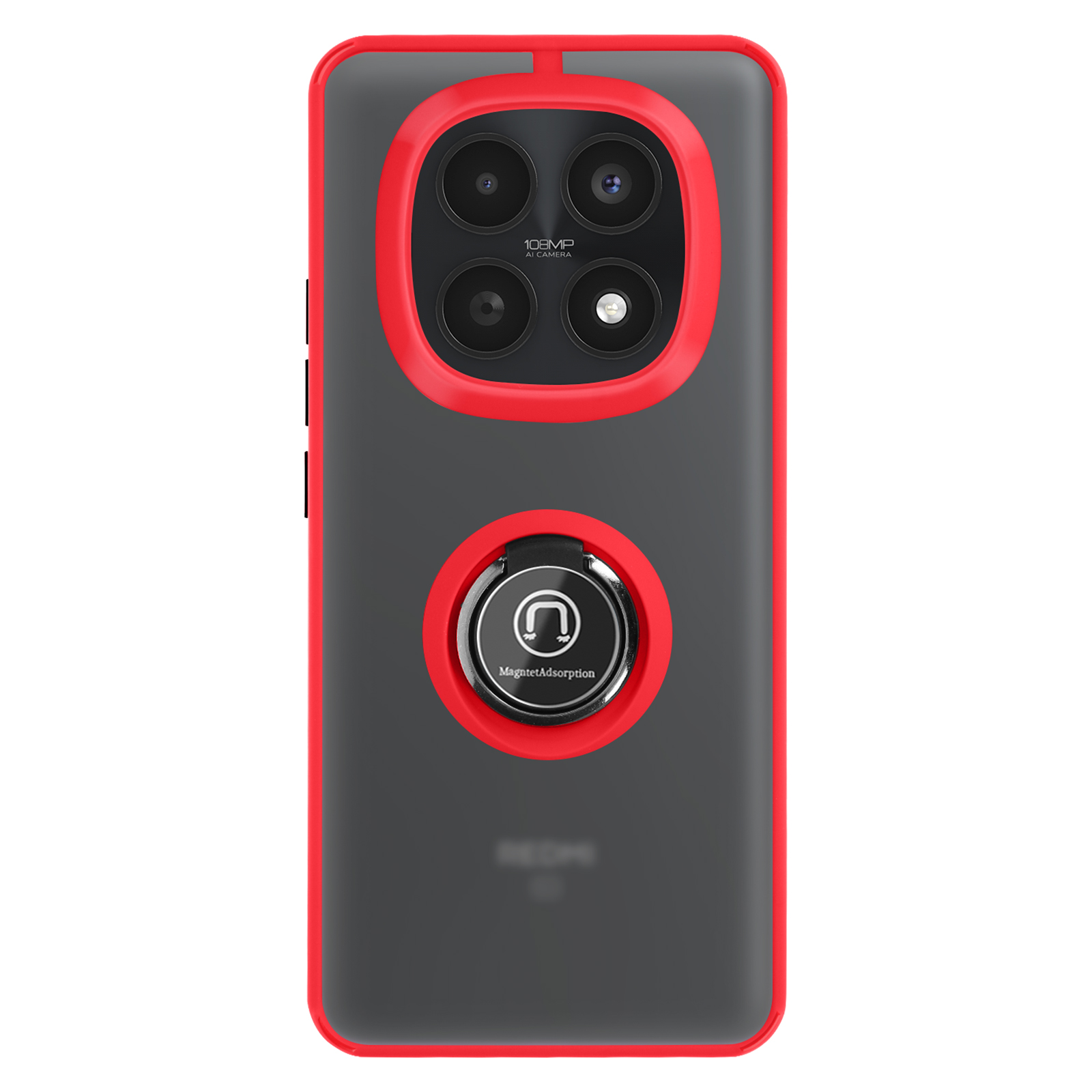 Grijze telefoonhoes met rode rand, camera en ringhouder.