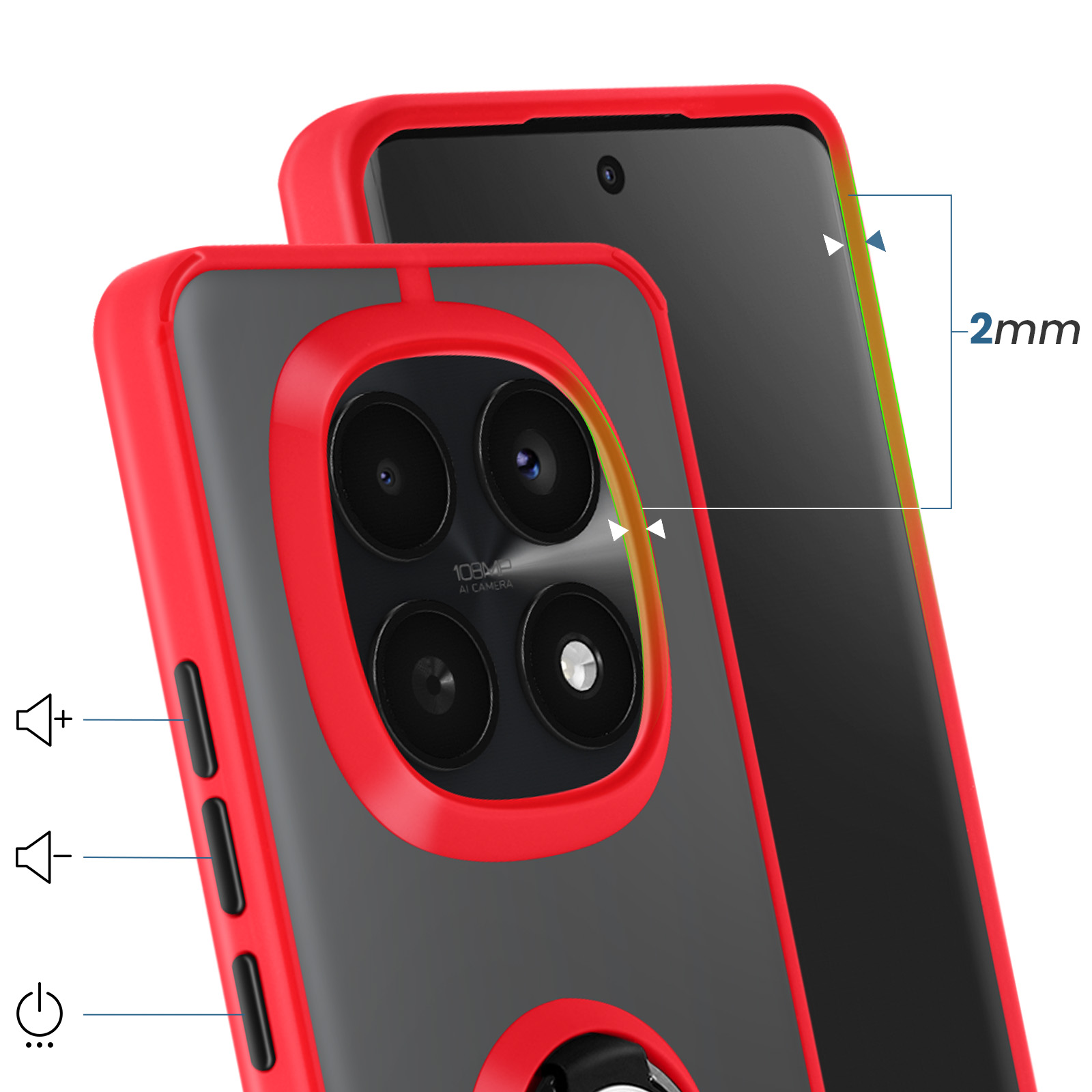 Rode telefoonhoes met doorzichtige achterkant, 108MP camera. Toont 2mm rand.