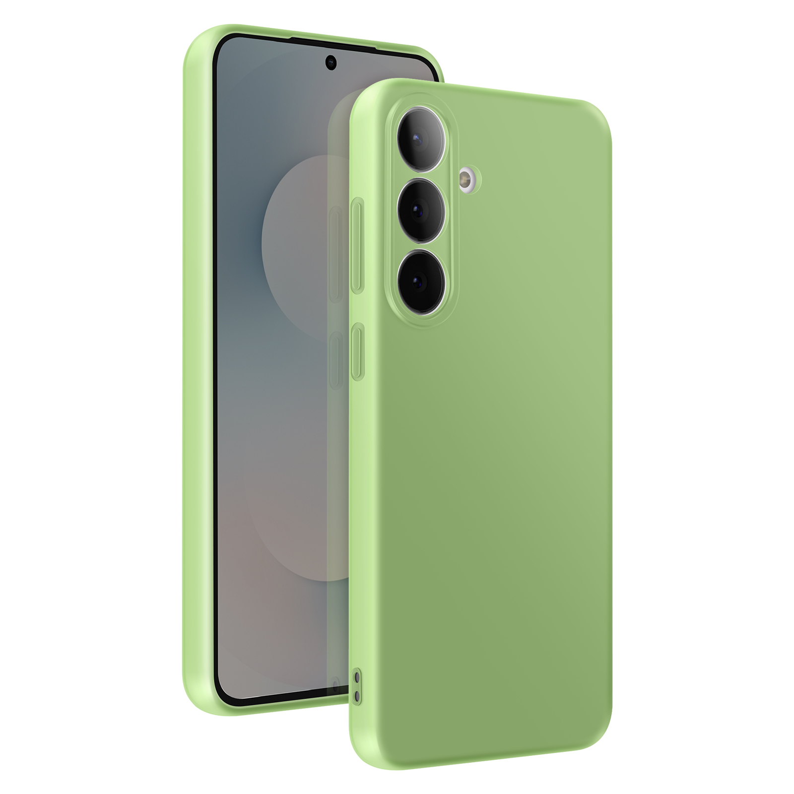 Groene smartphone met beschermhoes, camera aan de achterkant.