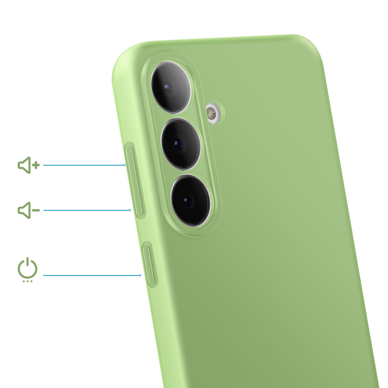 Groene telefoonhoes met cameralenzen en zijknopjes.