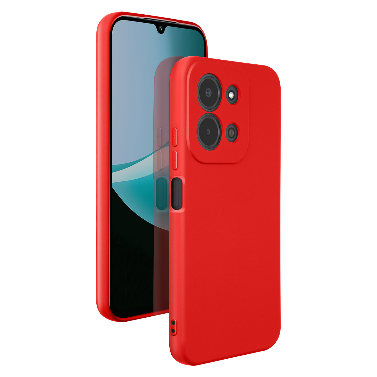 Rode telefoonhoes met camera-uitsparing, naast een smartphone.