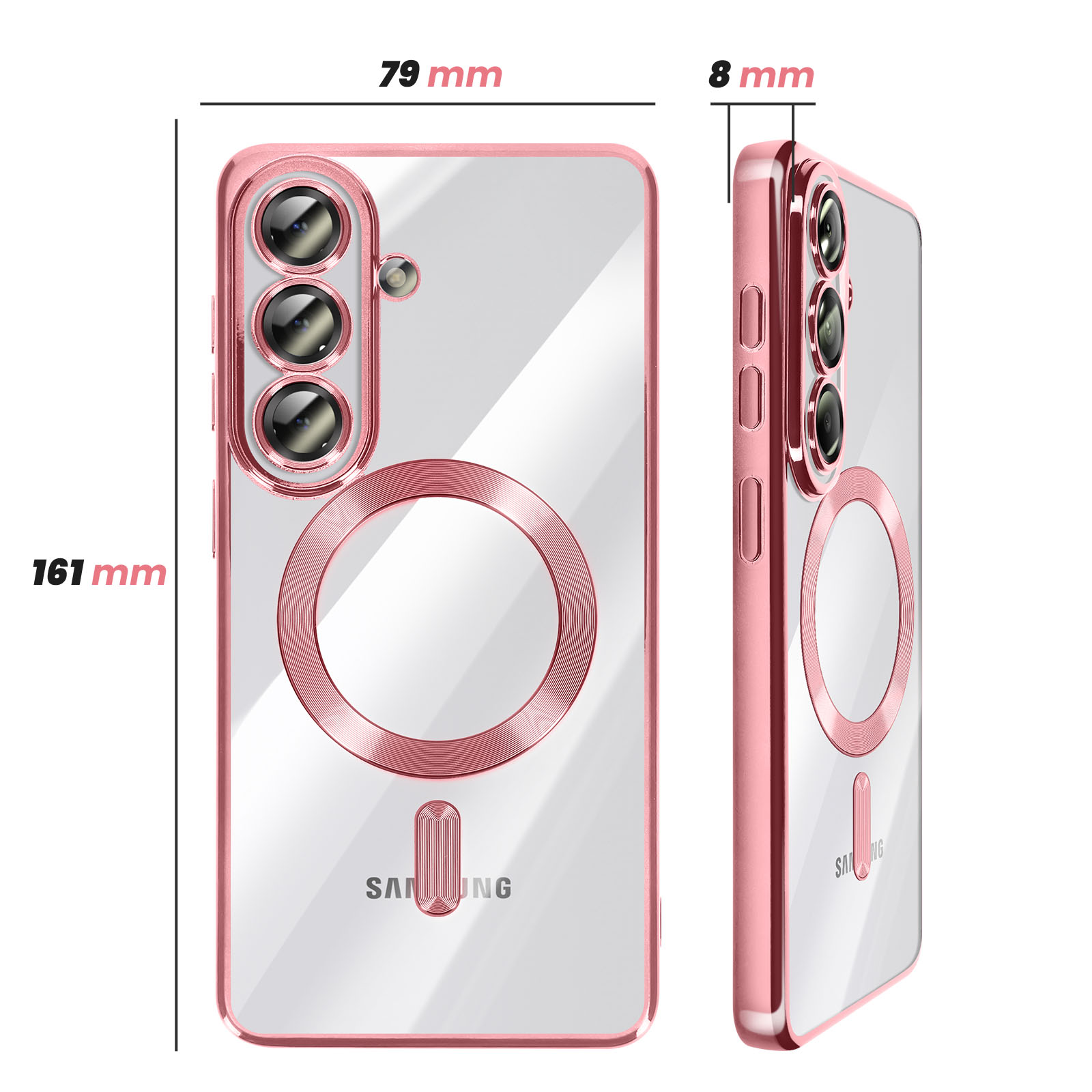 Coque transparente avec bordure or rose, trois caméras et anneau magnétique.