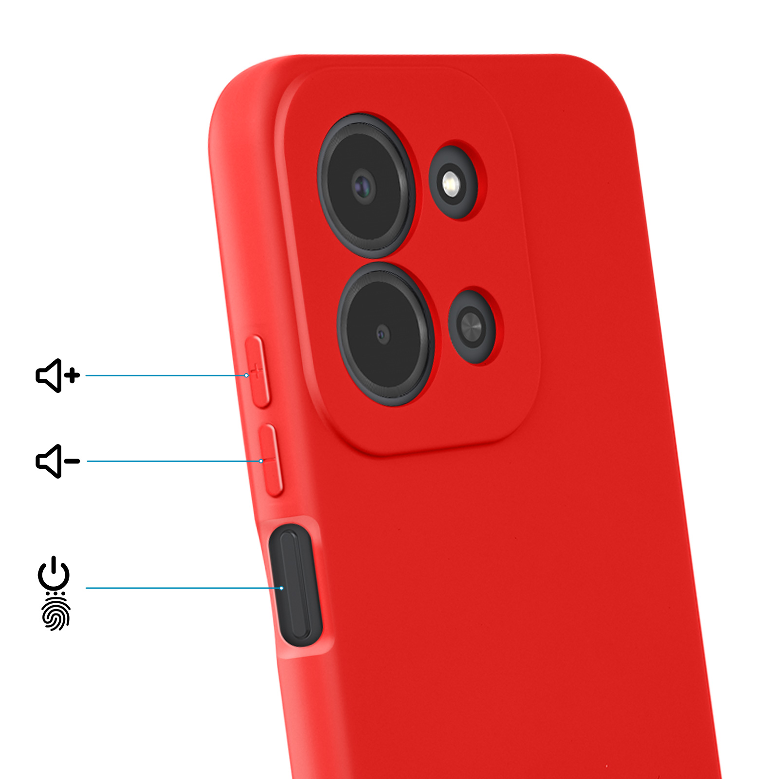 Rode telefoonhoes met camera, volume- en aan/uit/vingerafdruk-knoppen.