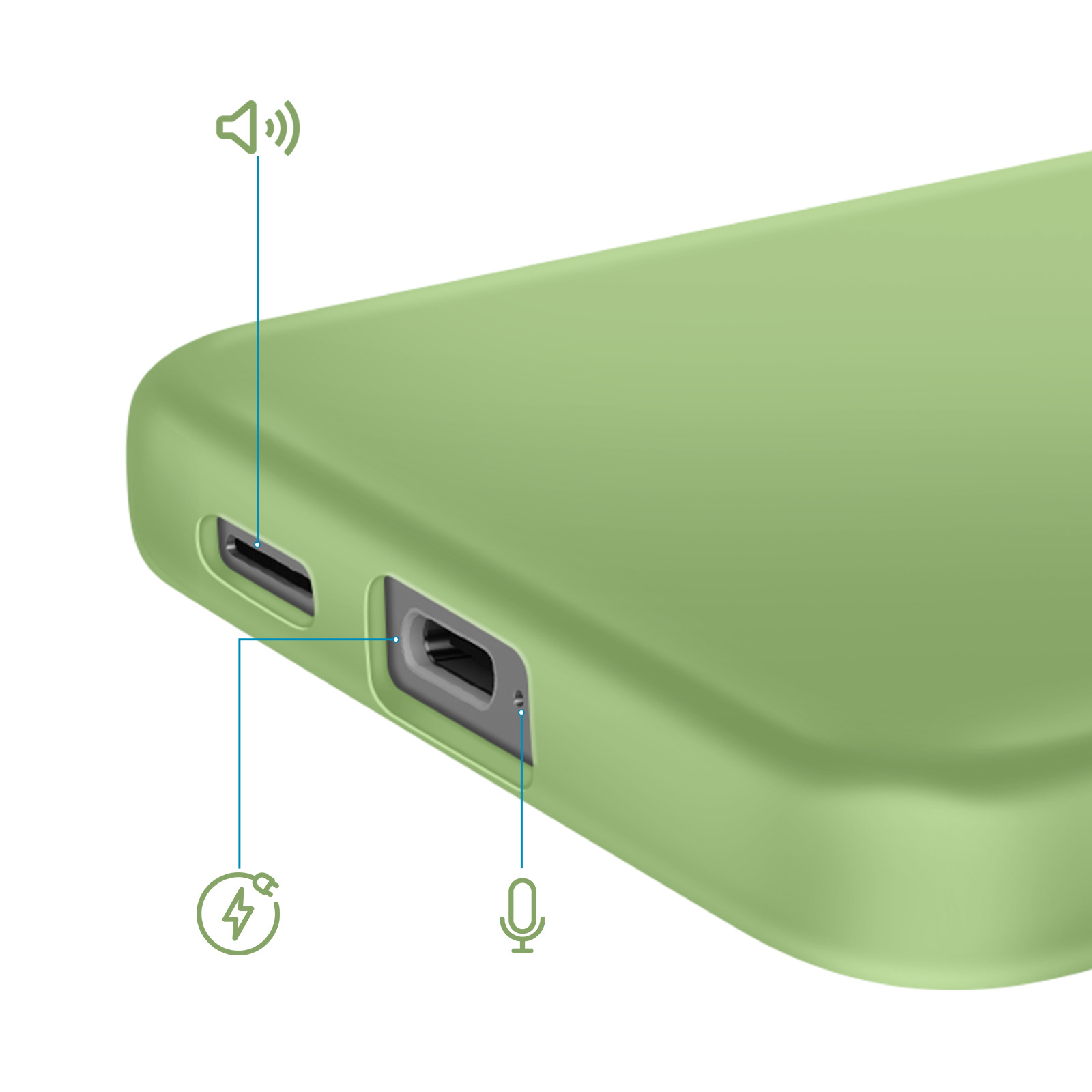 Groene hoes met poorten: oplaad-, microfoon- en luidsprekerpictogrammen.