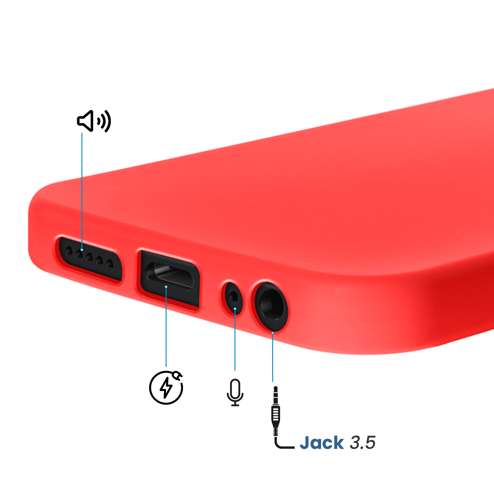 Een rood telefoonhoesje met poorten: luidspreker, opladen, microfoon en 3,5 mm jack.