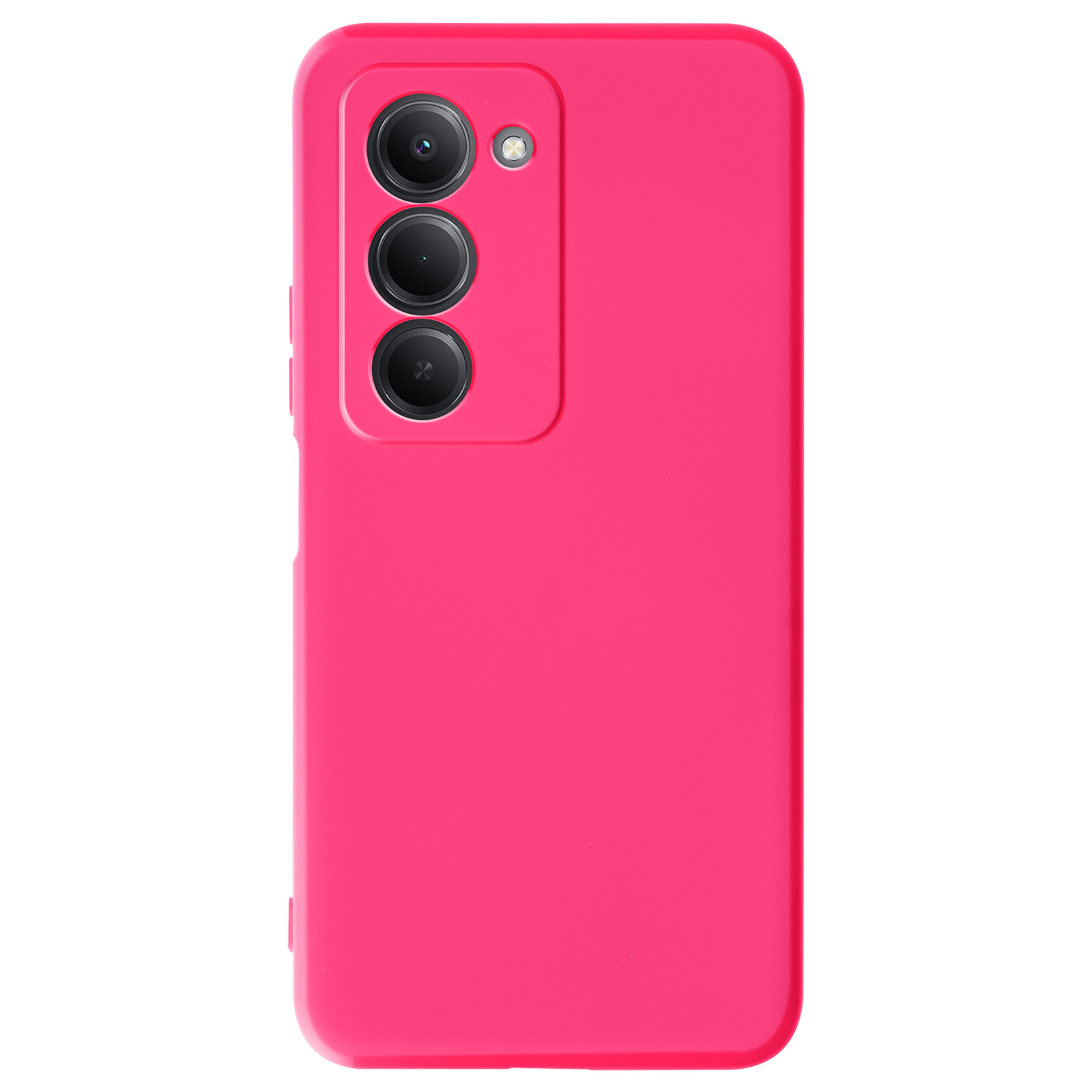 Een roze telefoonhoes met drie cameralenzen en flitser.