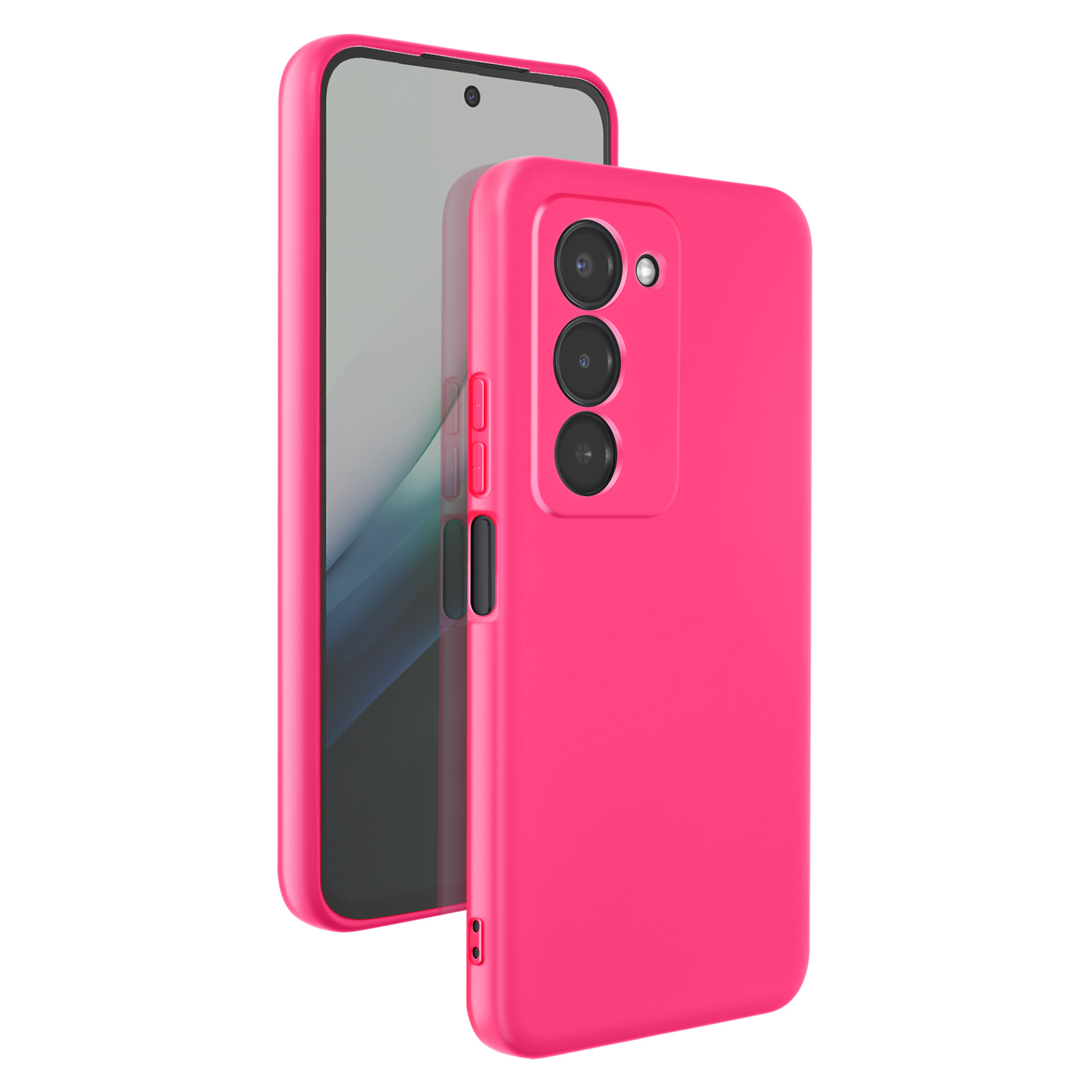 Een felroze telefoonhoes bedekt gedeeltelijk een smartphone en benadrukt de drie achtercamera's.