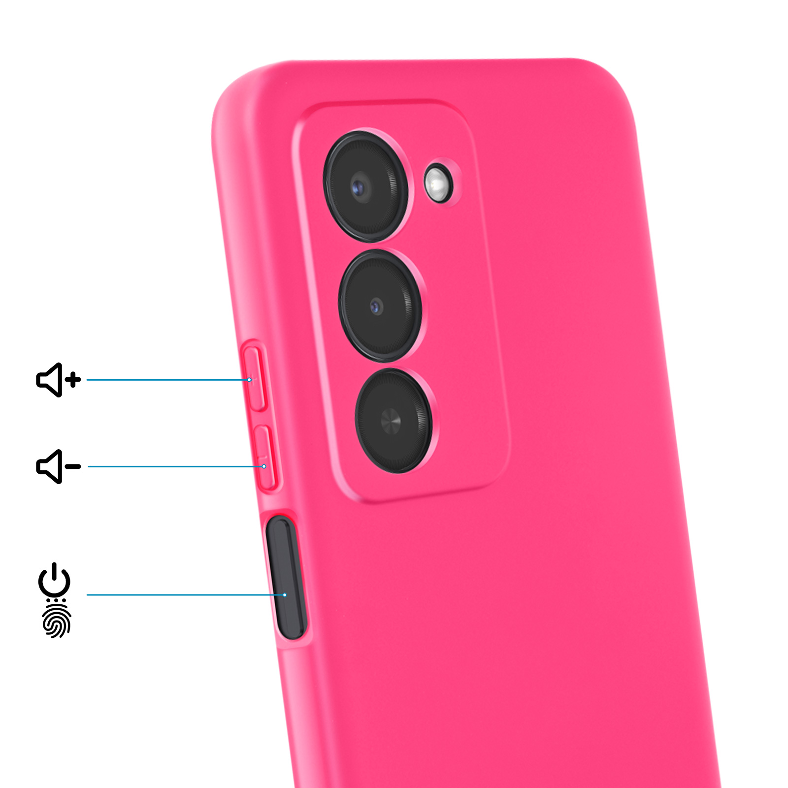 Close-up van een felroze telefoonhoes met drie camera's en zijtoetsen.