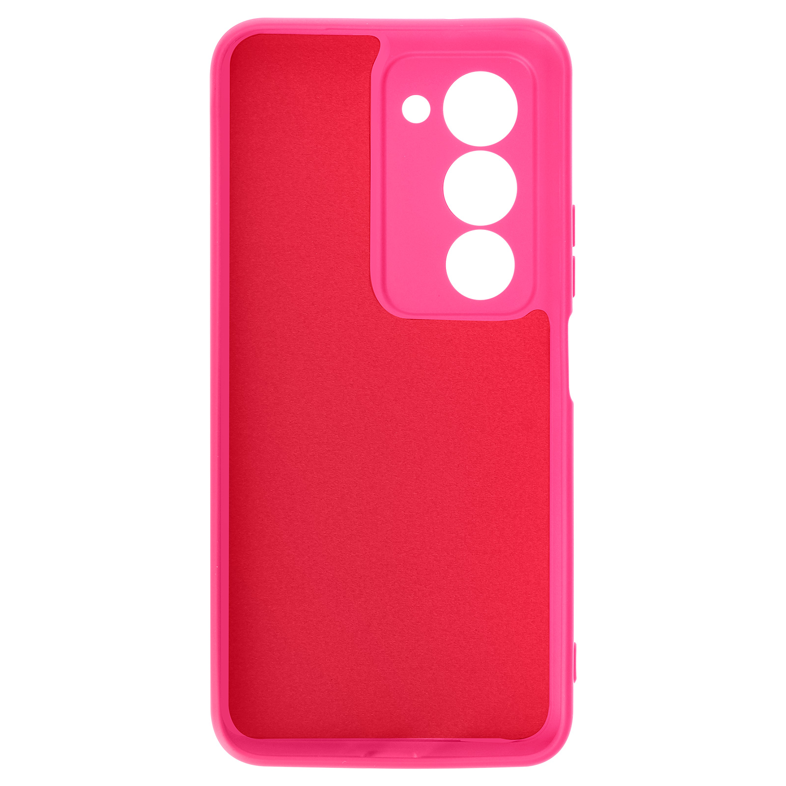 Een rode telefoonhoes met een roze frame en camera-uitsparingen.