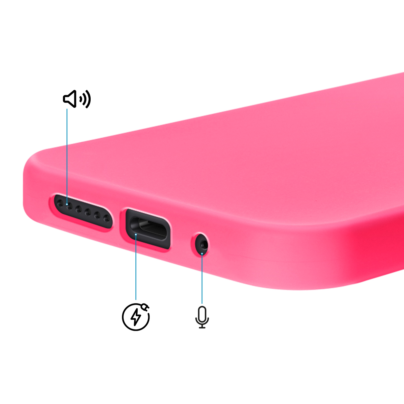 Close-up van een roze telefoon met poorten en iconen voor luidspreker, opladen en microfoon.