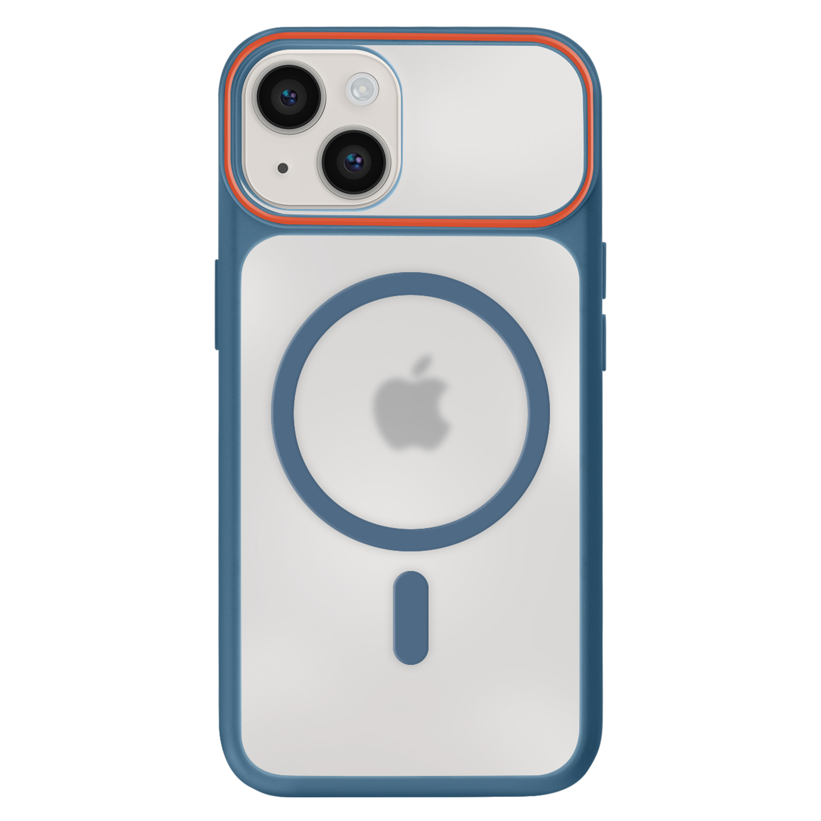 Blauw iPhone hoesje met doorzichtig achterkant, oranje rand en camerablok.