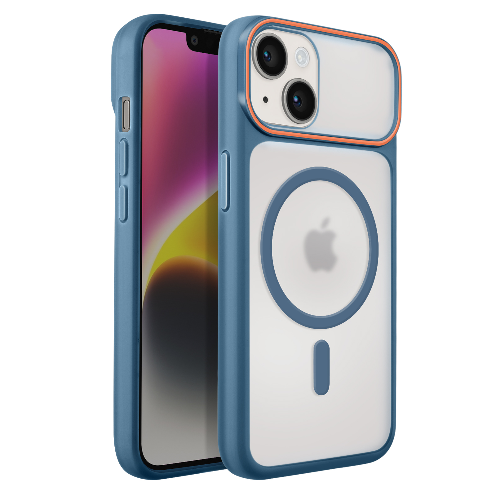 Blauwe iPhone hoes met doorzichtige achterkant en MagSafe ring.