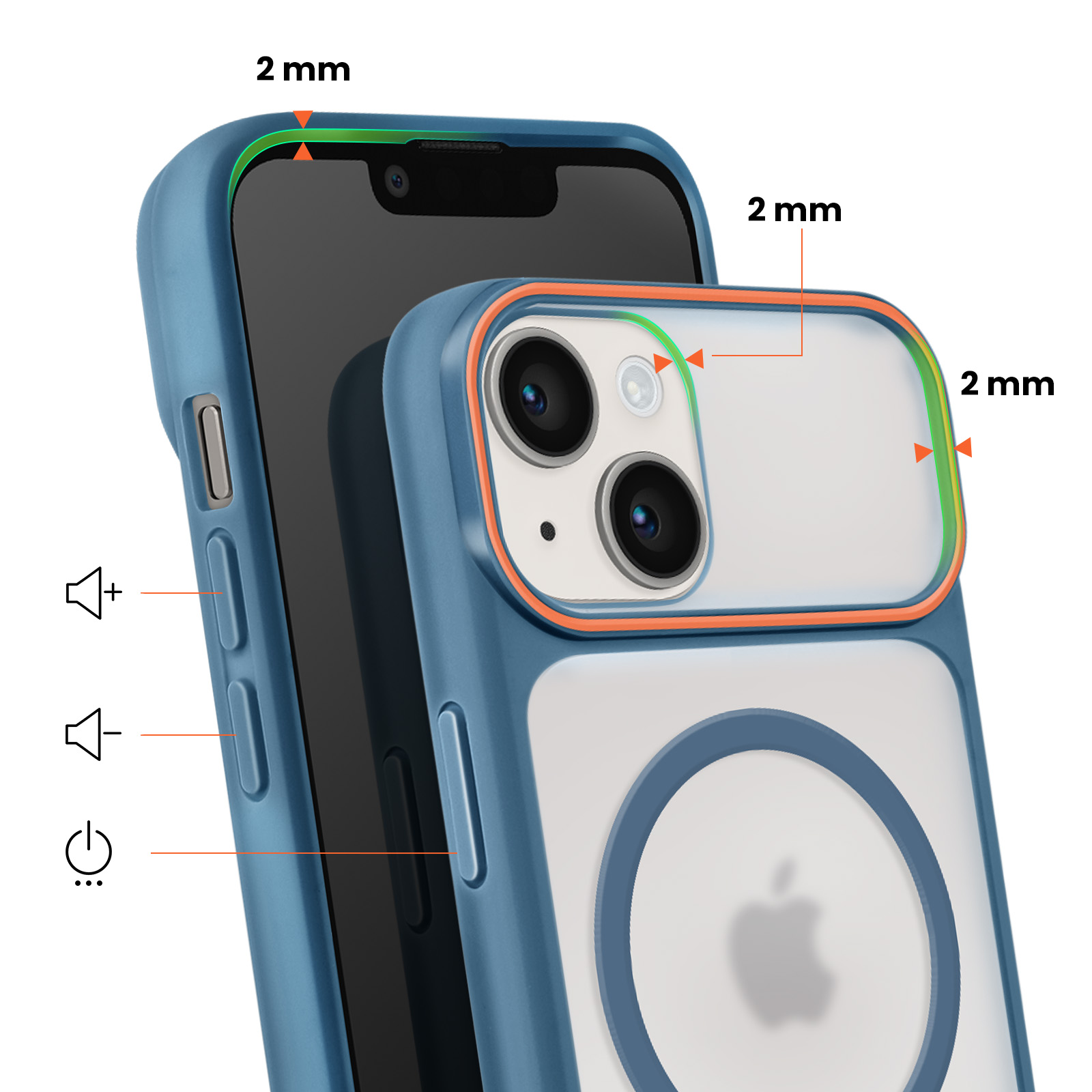 Blauwe telefoon in doorzichtige hoes met oranje rand. Camera en knoppen zichtbaar.