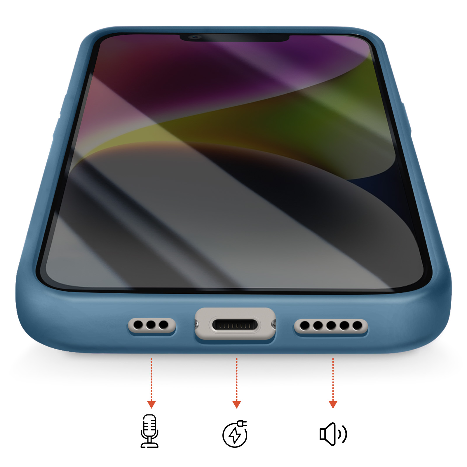 Blauwe telefoon met oplaadpoort, microfoon- en luidsprekerpictogrammen.
