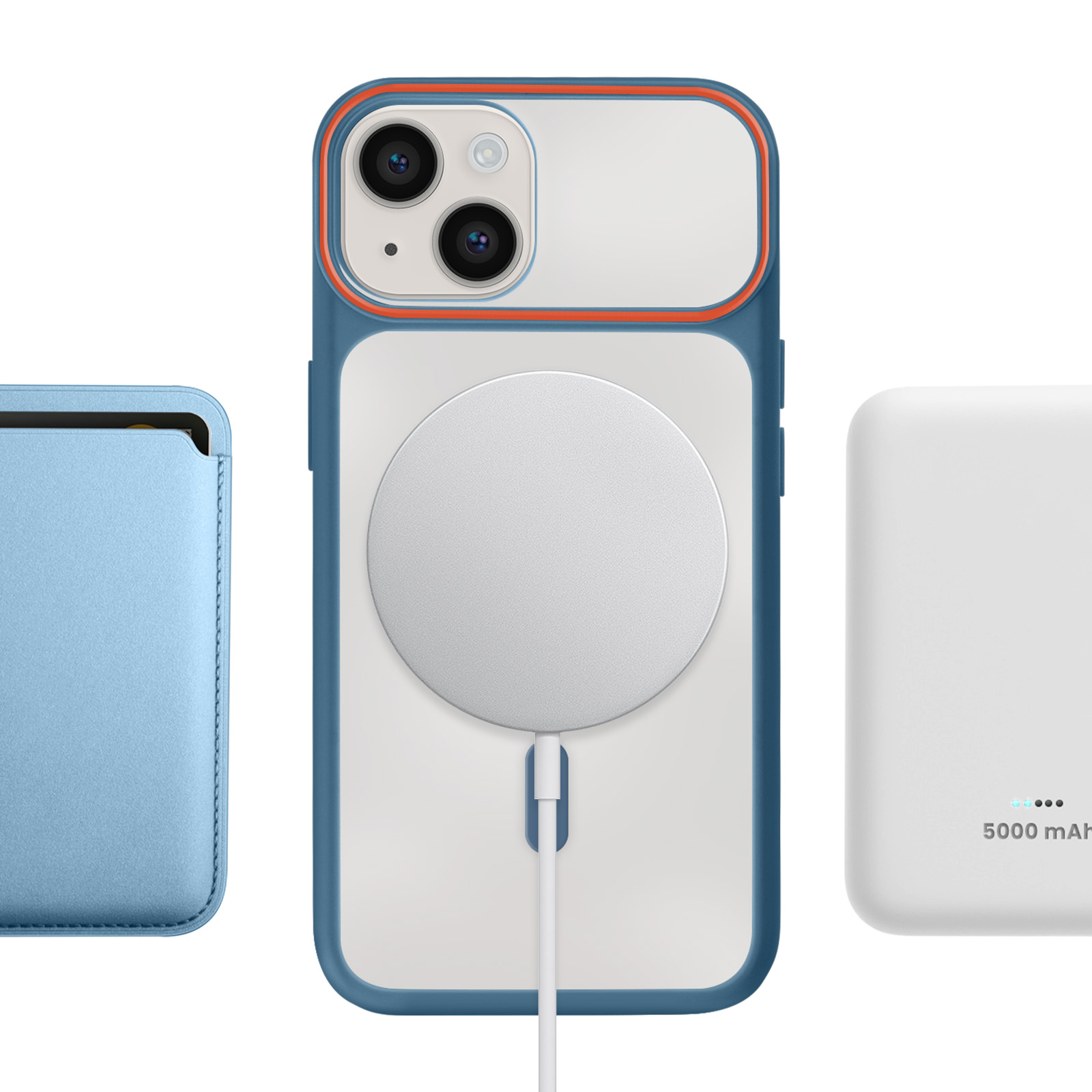Een blauwe iPhone met MagSafe-oplader, een blauwe hoes en een witte powerbank.