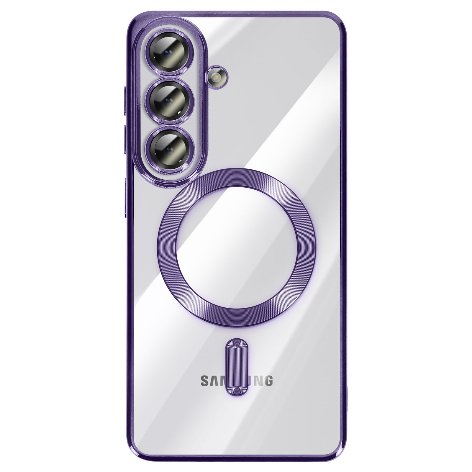 Coque de téléphone transparente avec bordure violette, trois caméras et anneau magnétique.