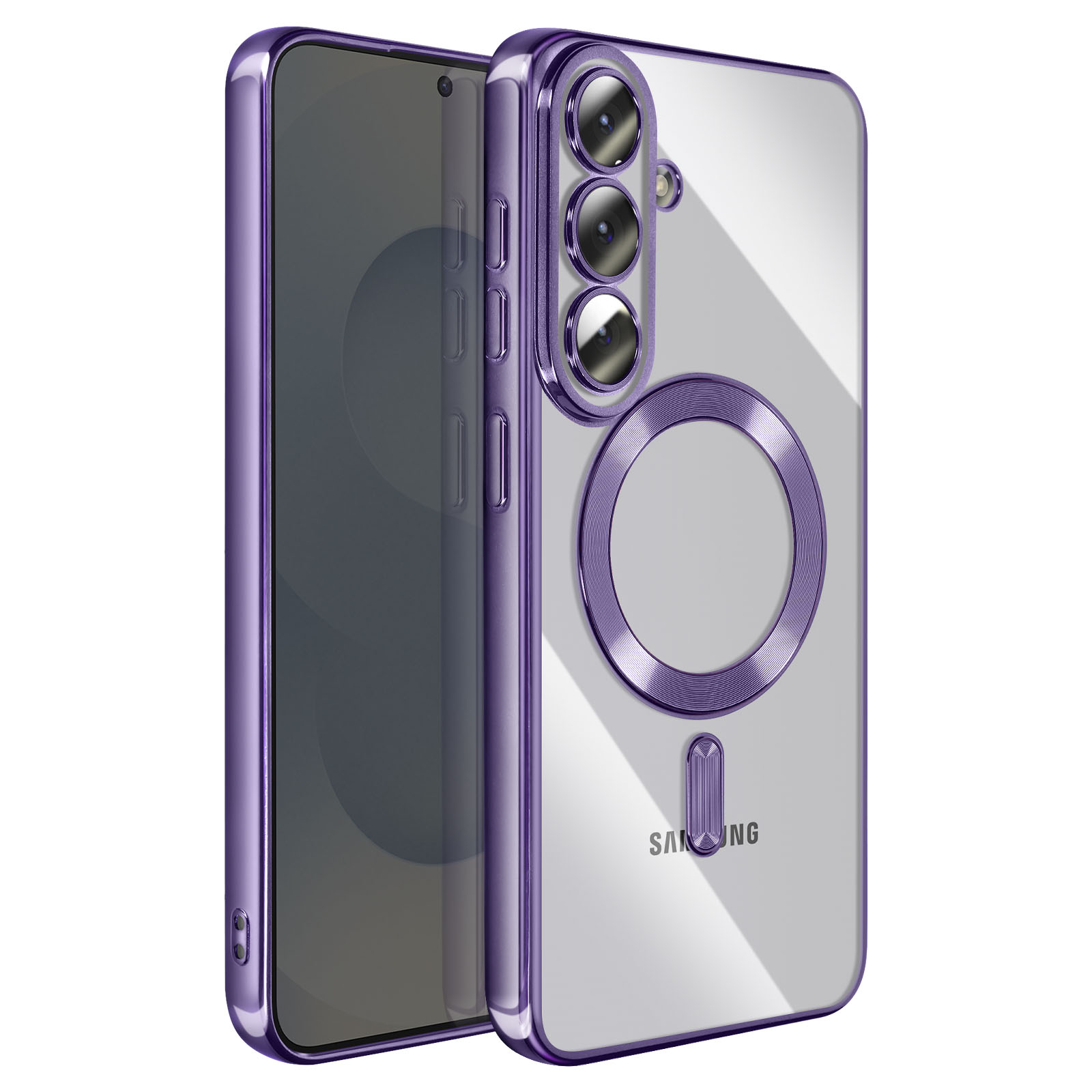 Coque de téléphone violette avec dos transparent et anneau.