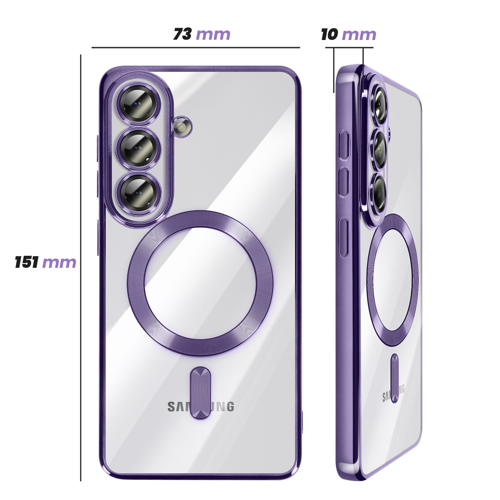 Coque de téléphone transparente avec bordure violette, caméra et anneau magnétique.