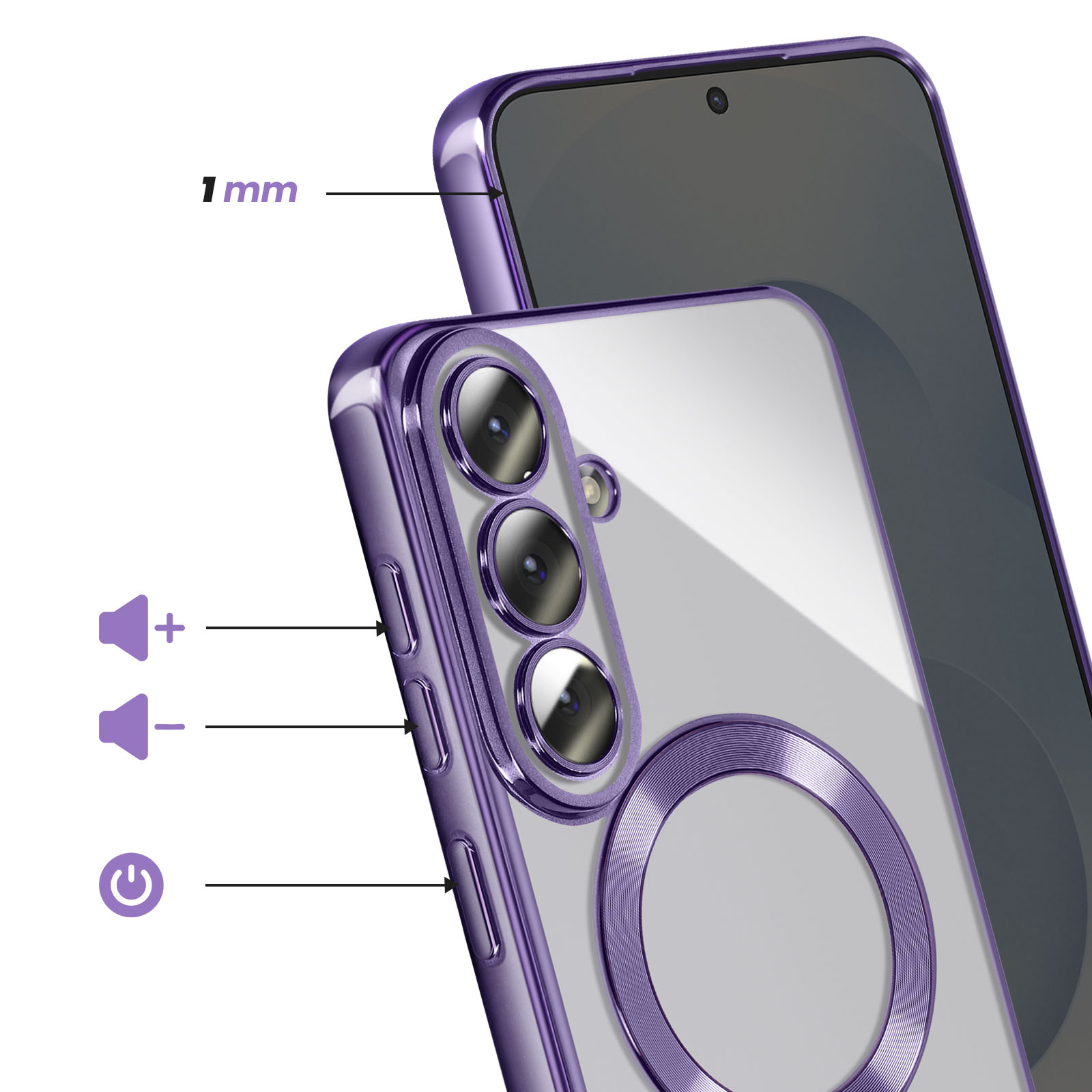 Coque de téléphone violette avec découpe caméra et bord surélevé.