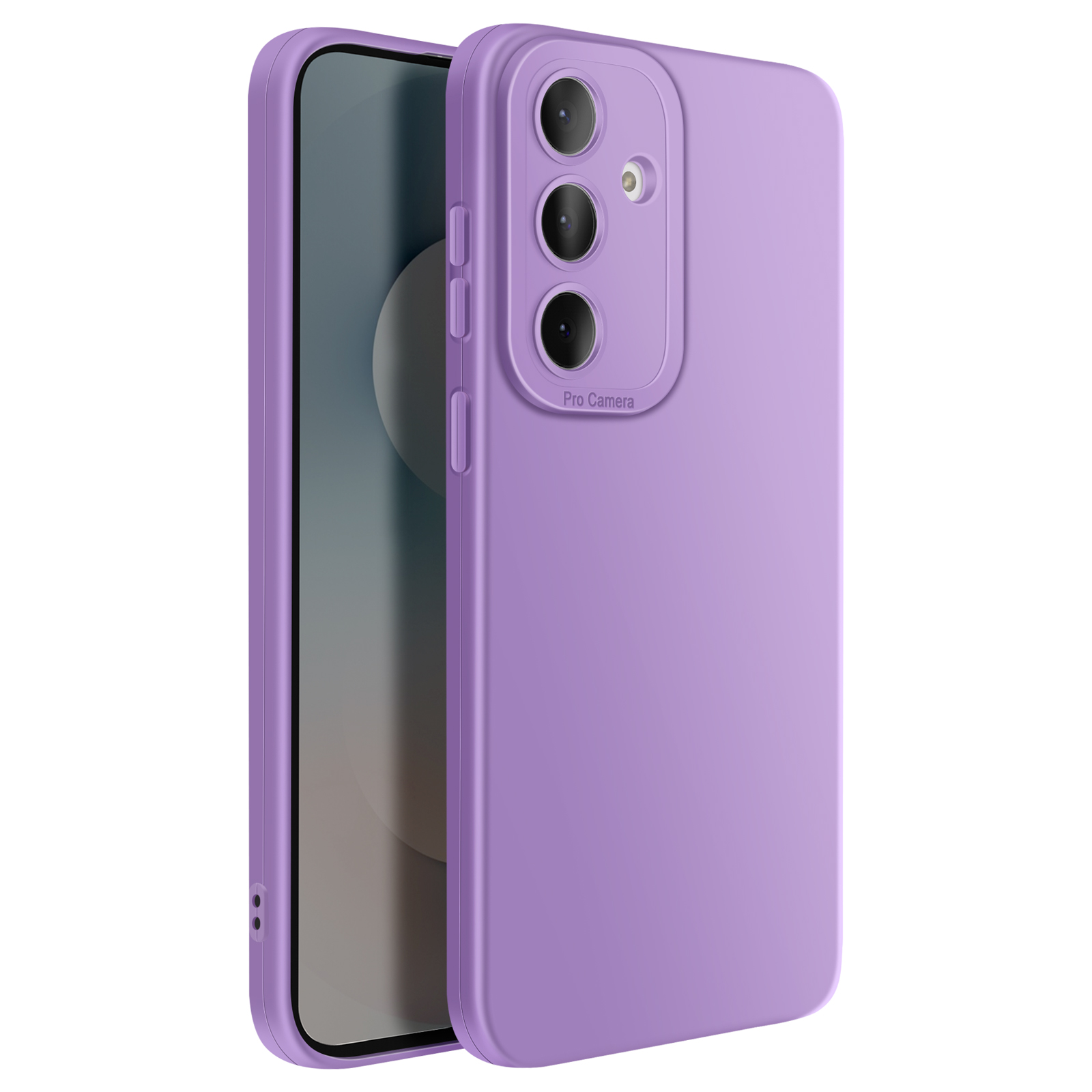 Coque de téléphone violette avec trois caméras et texte « Pro Camera ».