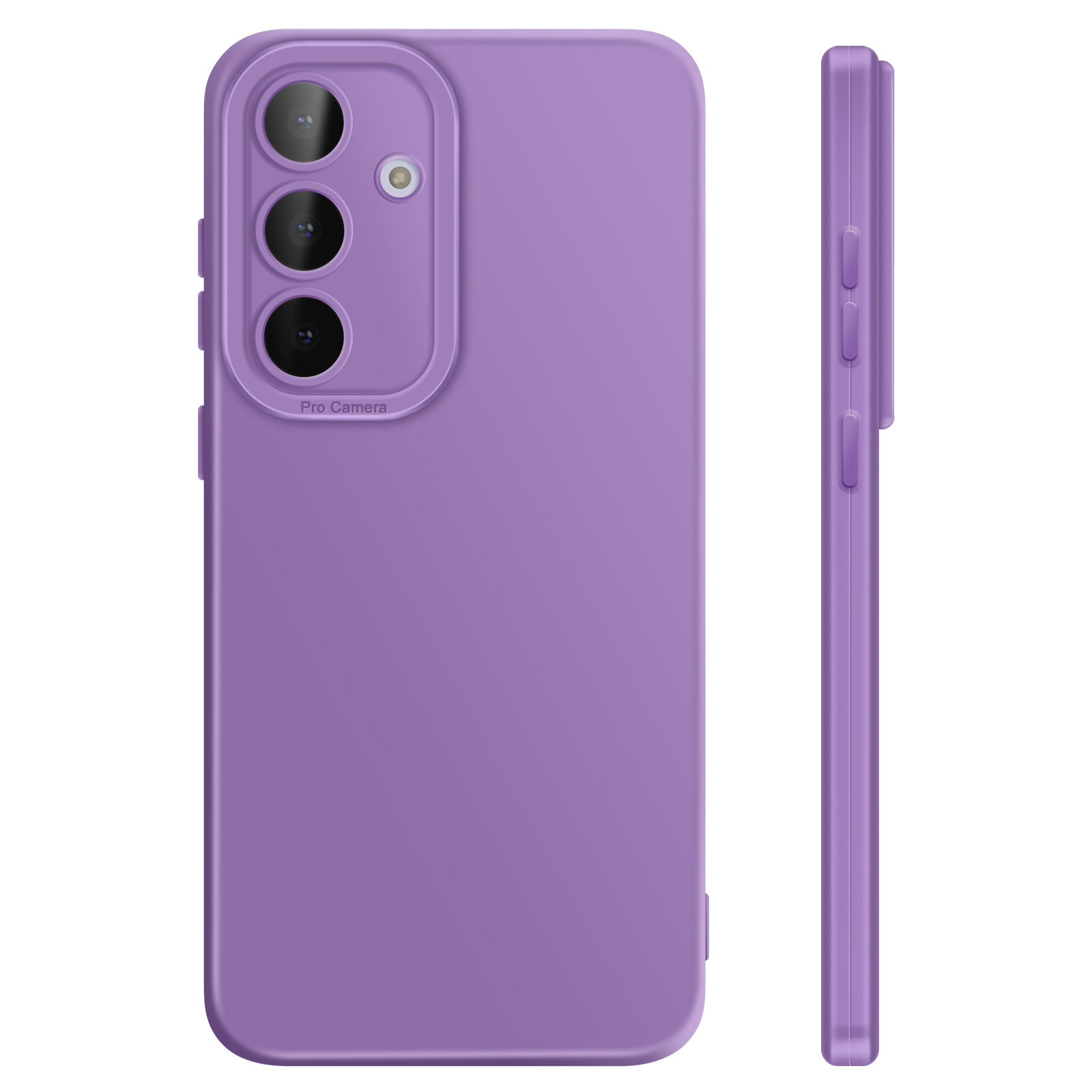 Coque de téléphone violette avec trois caméras et boutons latéraux.