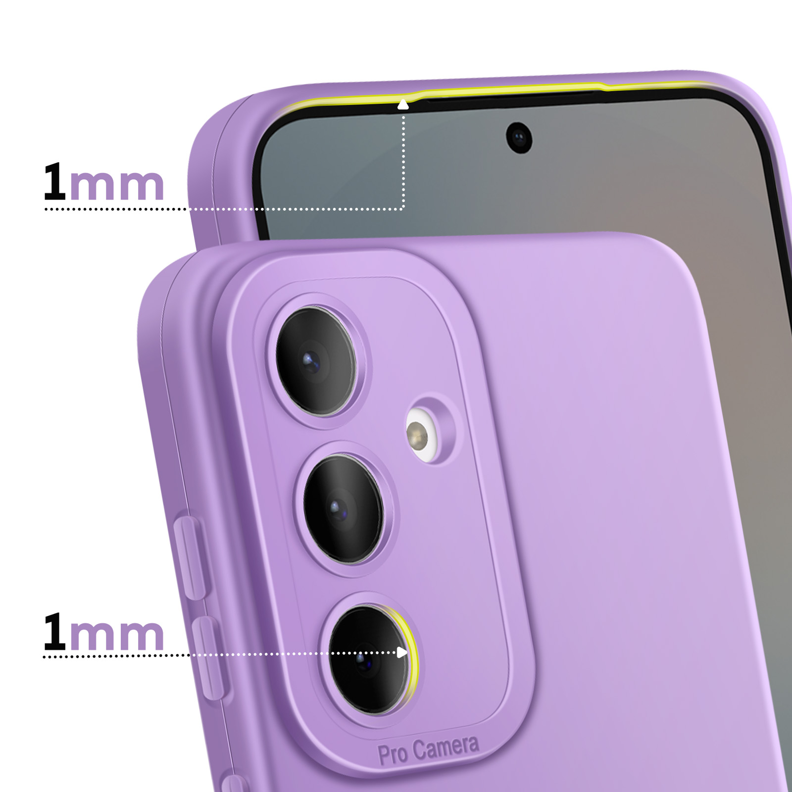 Coque de téléphone violette avec bords surélevés de 1mm et protection caméra.