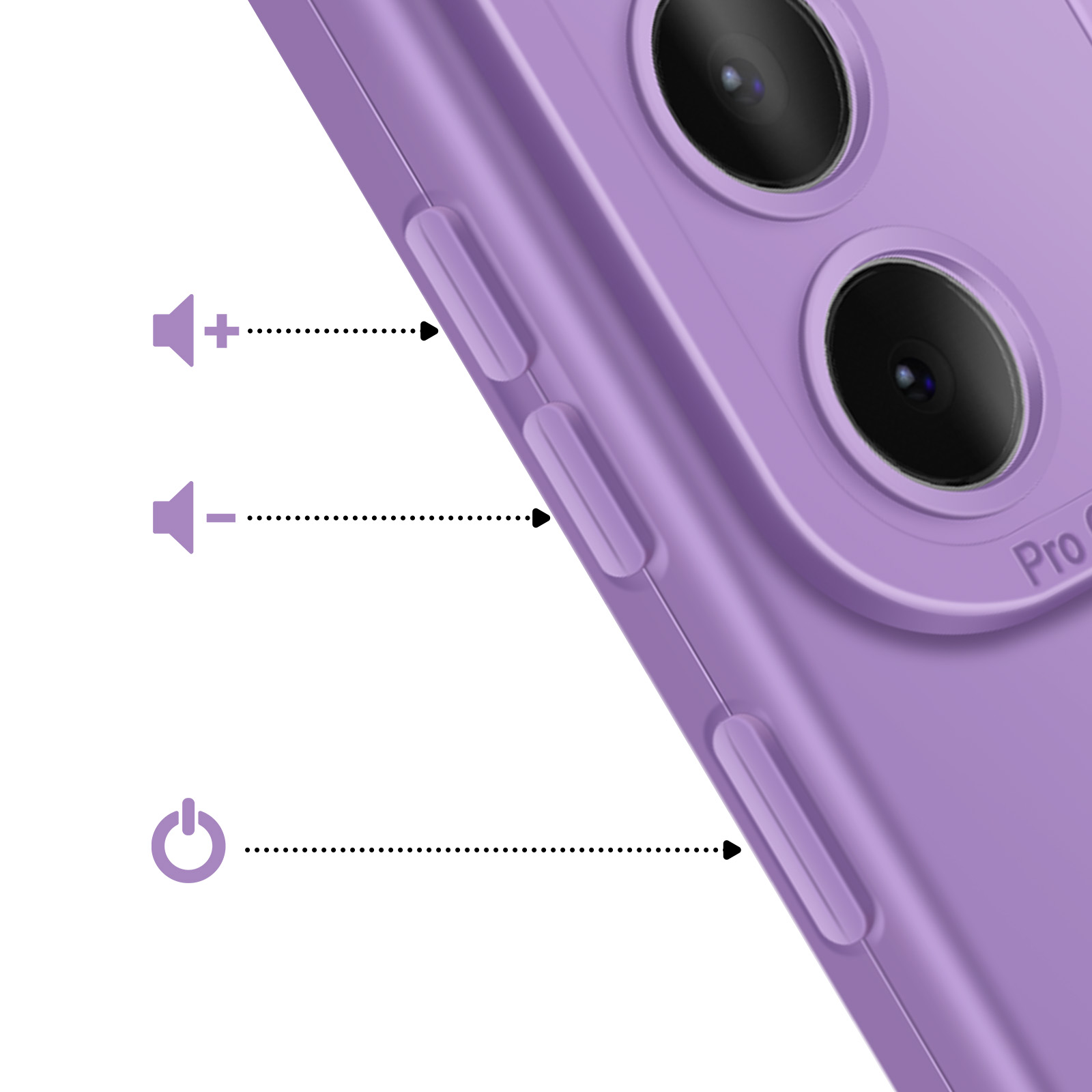 Coque violette montrant les boutons volume et marche/arrêt, et lentilles caméra.