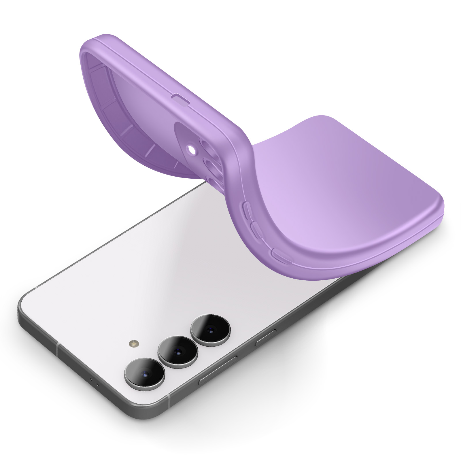 Une coque de téléphone violette est drapée sur un smartphone blanc à trois appareils photo.