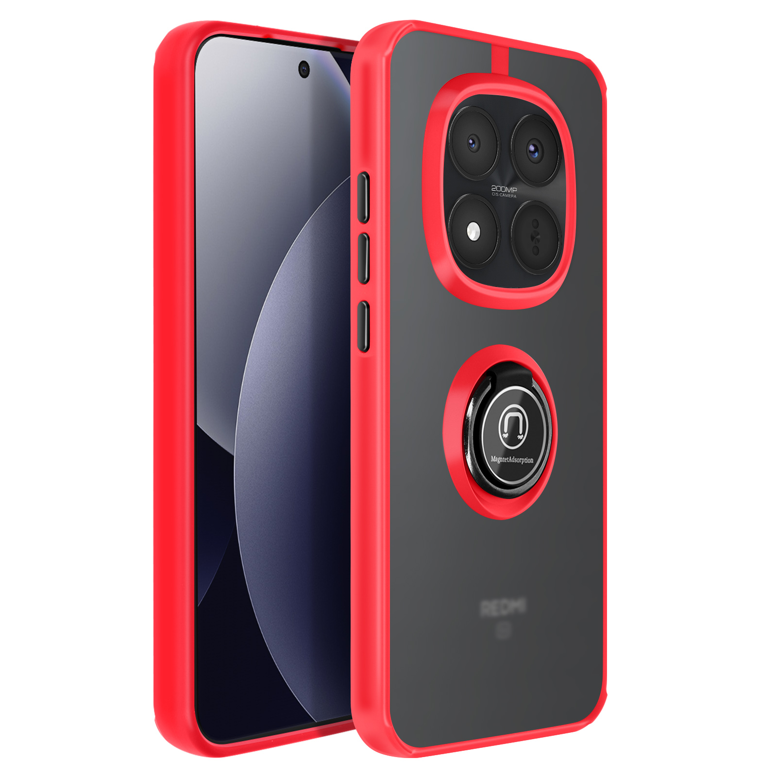 Rode telefoonhoes met zwarte achterkant, vier camera's en ringhouder.