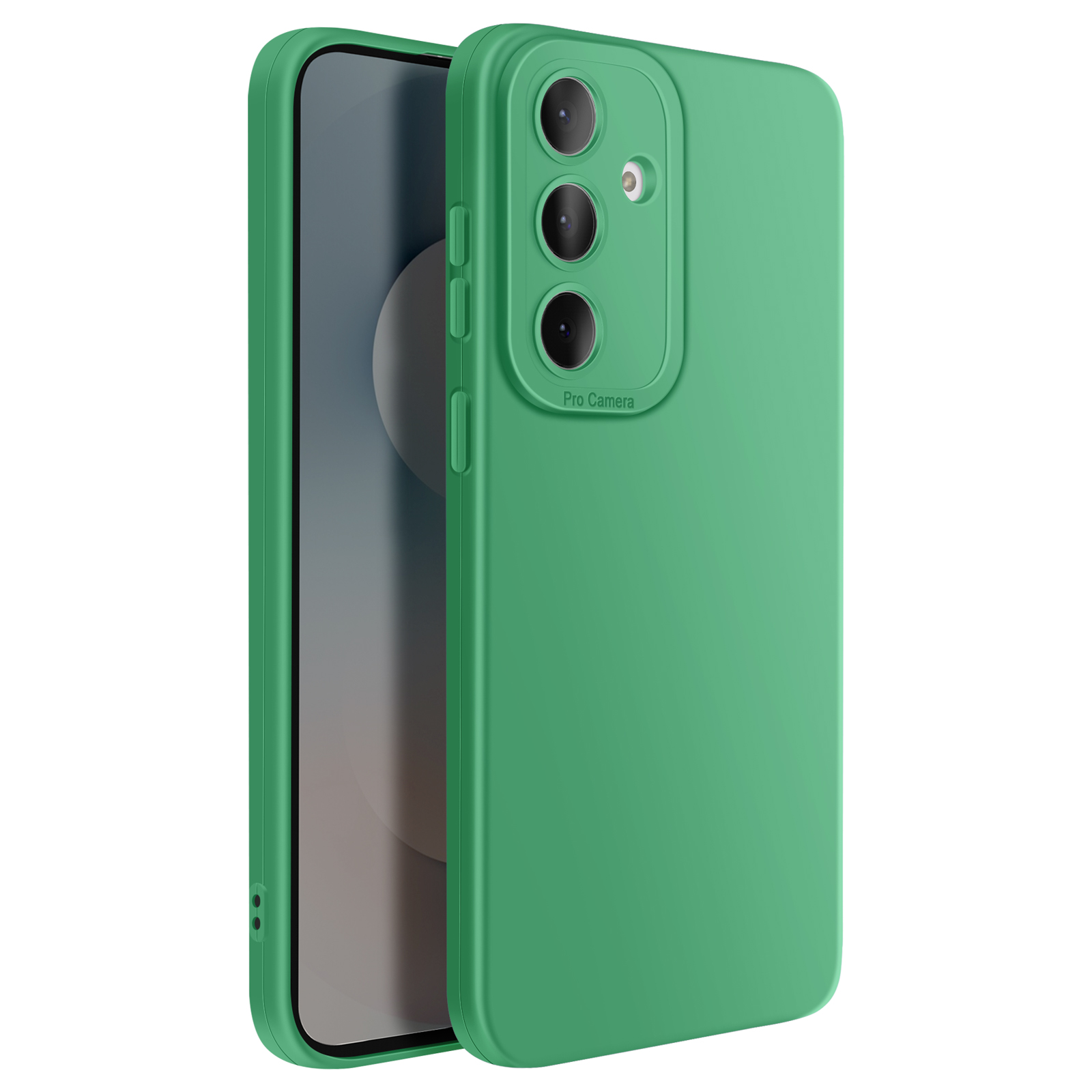 Coque de téléphone verte avec trois objectifs et flash.