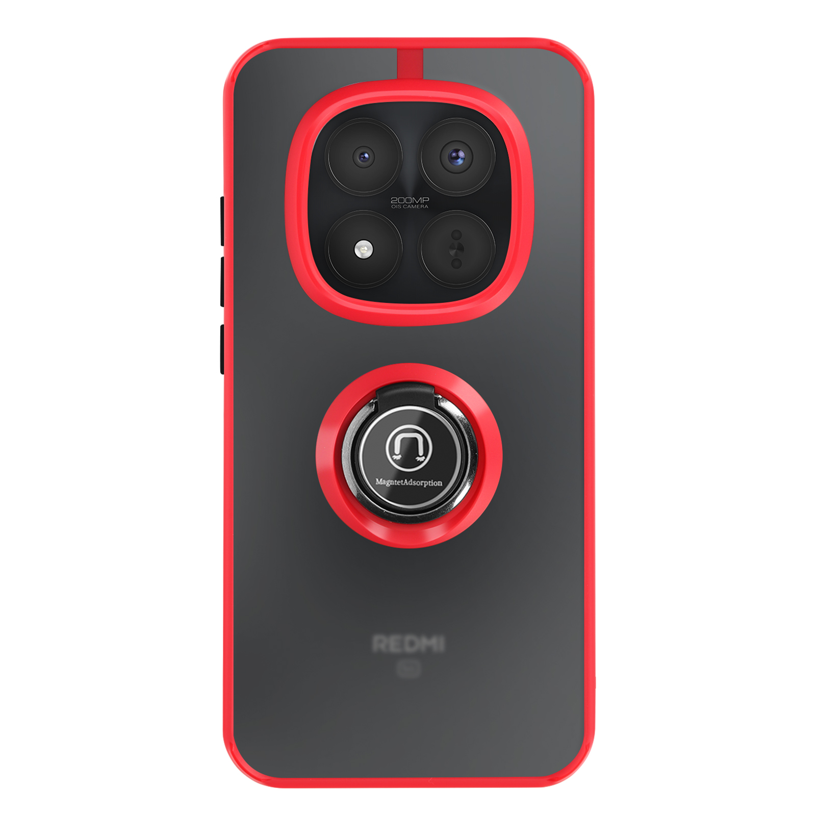 Rode telefoonhoes met zwarte achterkant, vier camera's en ringhouder.