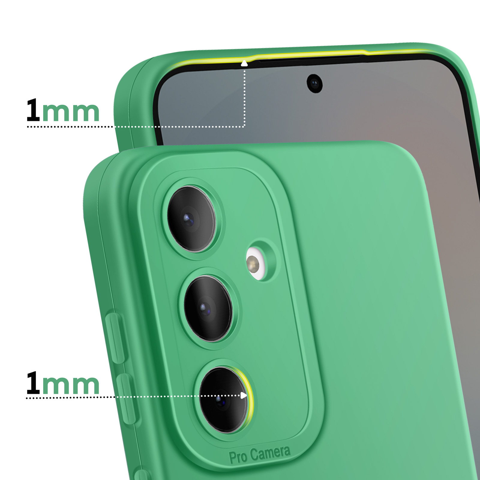 Coque de téléphone verte montrant les objectifs et détails de 1mm.