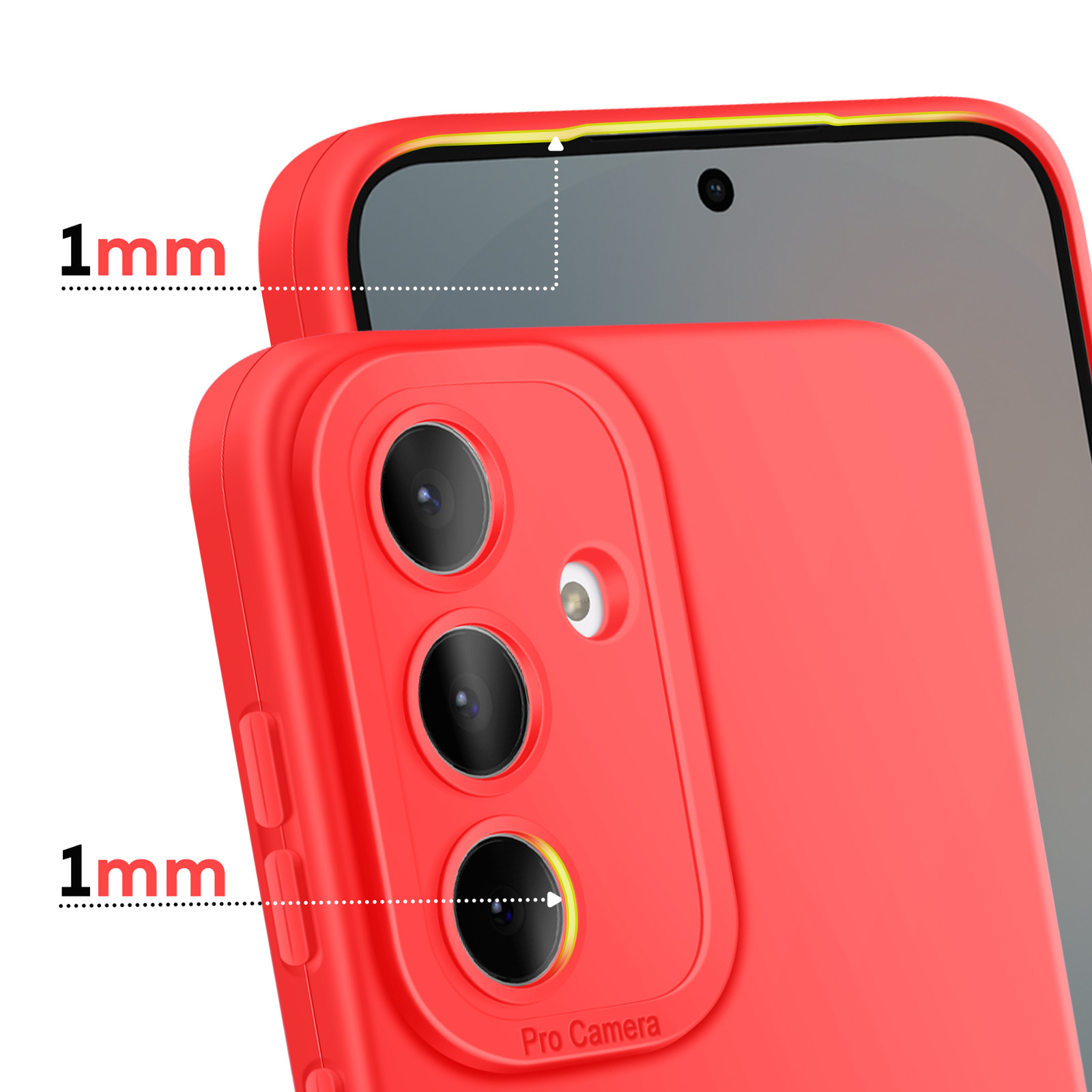 Rode telefoonhoes met 1mm camerabescherming en schermrand.