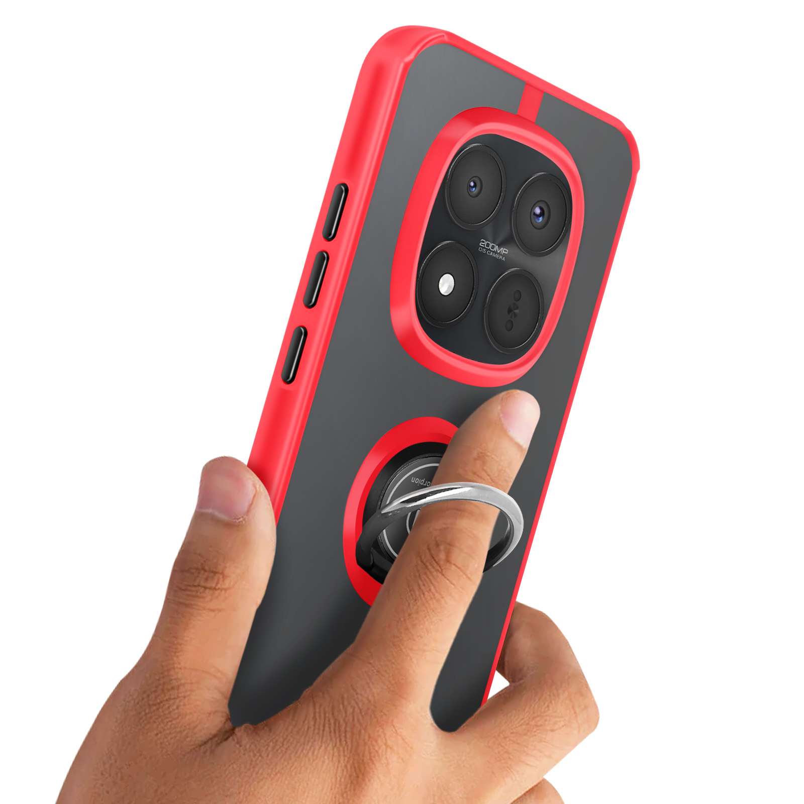 Een hand houdt een smartphone met rode rand en zwarte behuizing vast, met ringhouder.