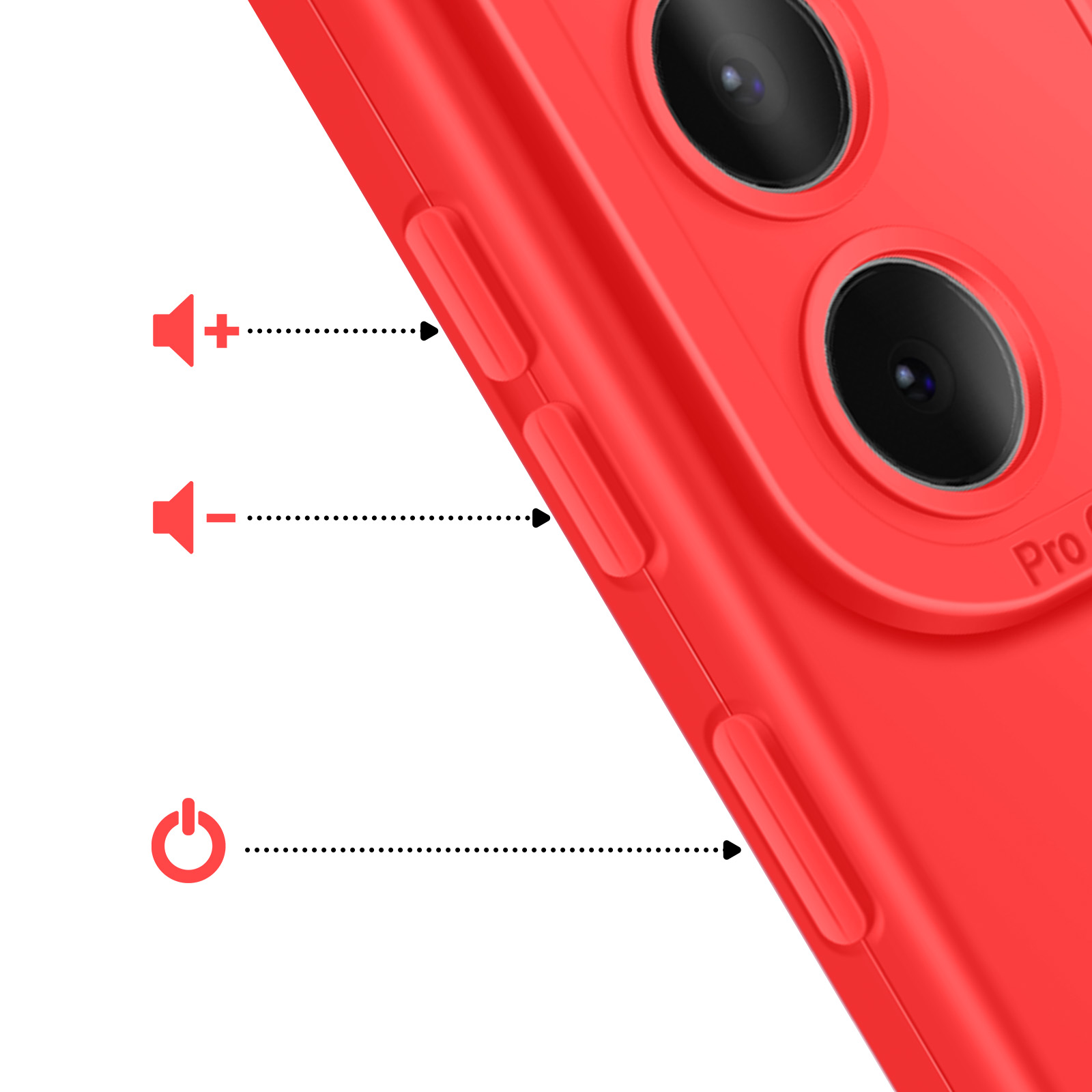 Rode telefoonhoes met volume- en aan/uitknoppen. Twee cameralenzen zichtbaar.