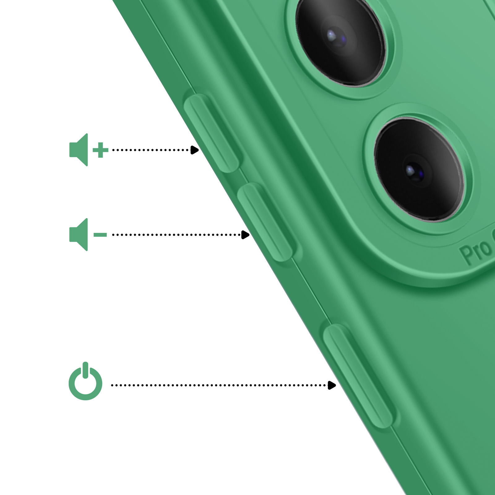 Coque de téléphone verte avec boutons volume et marche/arrêt. Caméras visibles.
